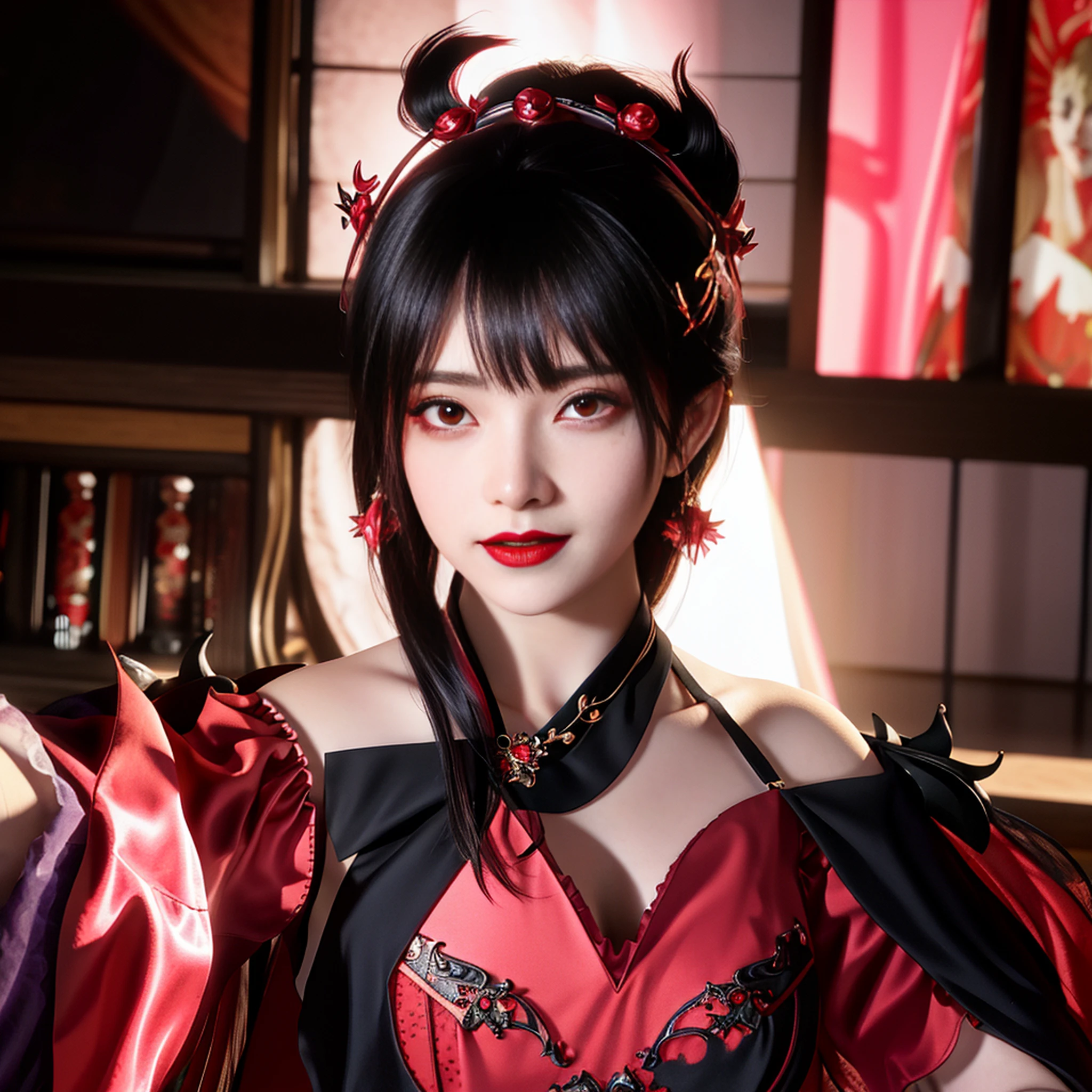 best quality, masterpiece, highres, 1girl, lingerie china armor, hair ornament, necklace, jewelry, Beautiful face, upon_body, tyndall effect, photorealistic, dark studio, rim lighting, two tone lighting, (high detailed skin:1.2), 8k uhd, dslr, soft lighting, high quality, volumetric lighting, candid, Photograph, high resolution, 4k, 8k, Bokeh, medium breasts, (light pink lips), 1 beautiful devil woman from hell, In the Dark: 1.6), surreal female portrait by David Hockney and Alphonse Mucha, fantasy art, korea doll, photorealism, dynamic lighting, artstation, poster, volumetric lighting, very detailed faces, 8k ultra, Awarded, in the dark, deep shadow, low key, cowboy lens, (Red phoenix dress: 1.4), long hair, black hair, bust, luxurious palace, Royal style, devil crown, red eyes make up very sharp and detailed, The most beautiful face, The breasts are very big and round and round, Super realistic, chinese women's clothing, polo neck sweater, Charming smile, The eyes are very well made up, guweiz, devil style, wearing black mesh socks, Ponytail with a bow tied at the back of the hair, Red black lips, Devil tattoo on shoulder, wearing a thin red and black robe, the landscape is overcast and thunderous, (Portrait), Close-up of the main character, (Background details 1.8),