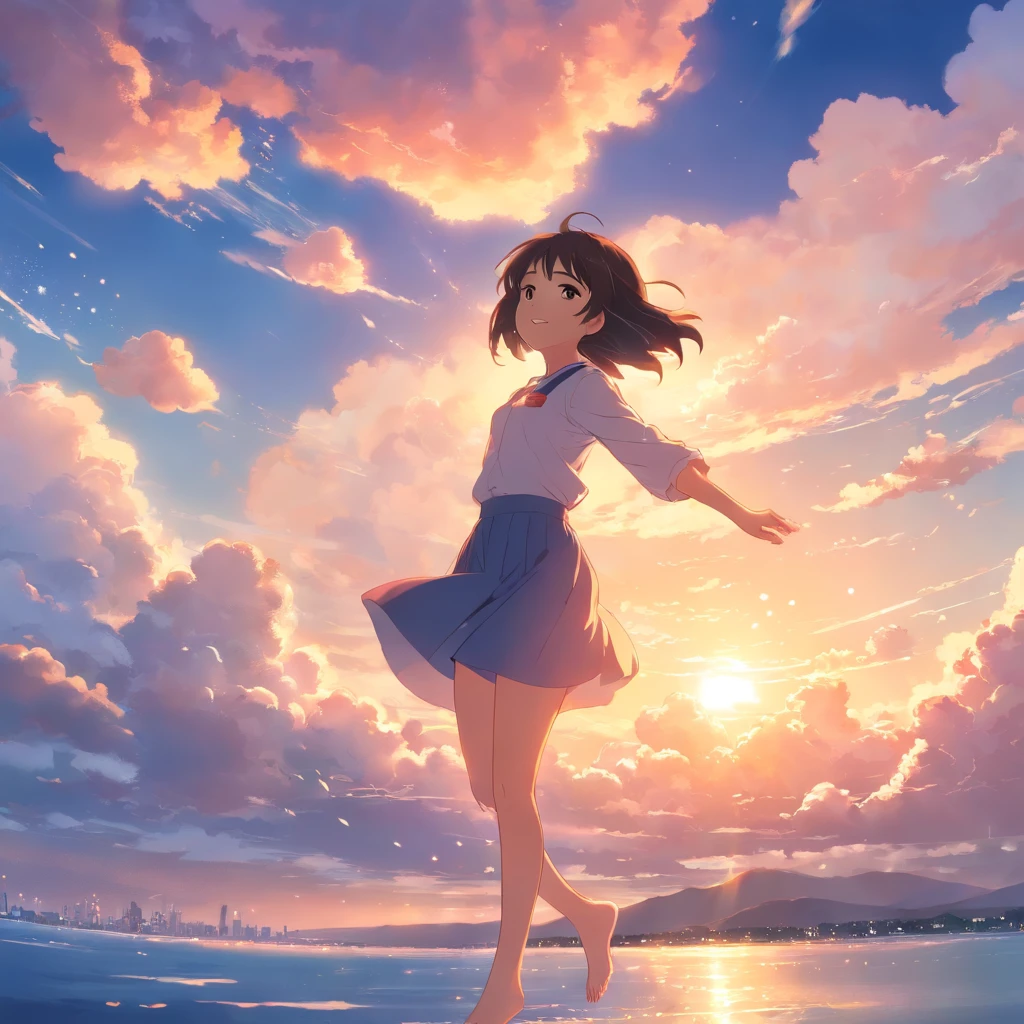 masterpiece, best quality, movie still, 1girl, cloud girl, floating in the sky, close-up, bright, happy, warm soft lighting, sunset, (sparks:0.7)
