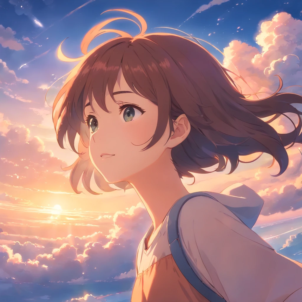 masterpiece, best quality, movie still, 1girl, cloud girl, floating in the sky, close-up, bright, happy, warm soft lighting, sunset, (sparks:0.7)