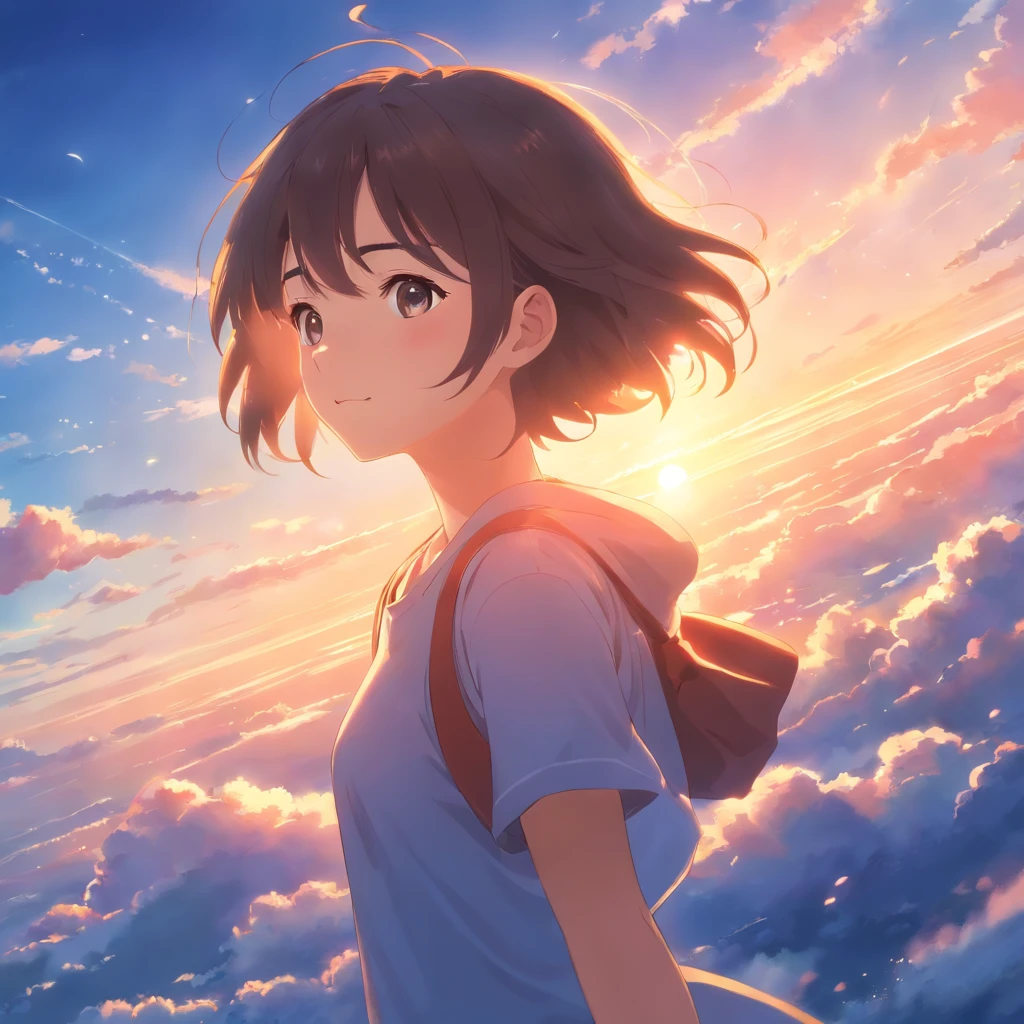 masterpiece, best quality, movie still, 1girl, cloud girl, floating in the sky, close-up, bright, happy, warm soft lighting, sunset, (sparks:0.7)