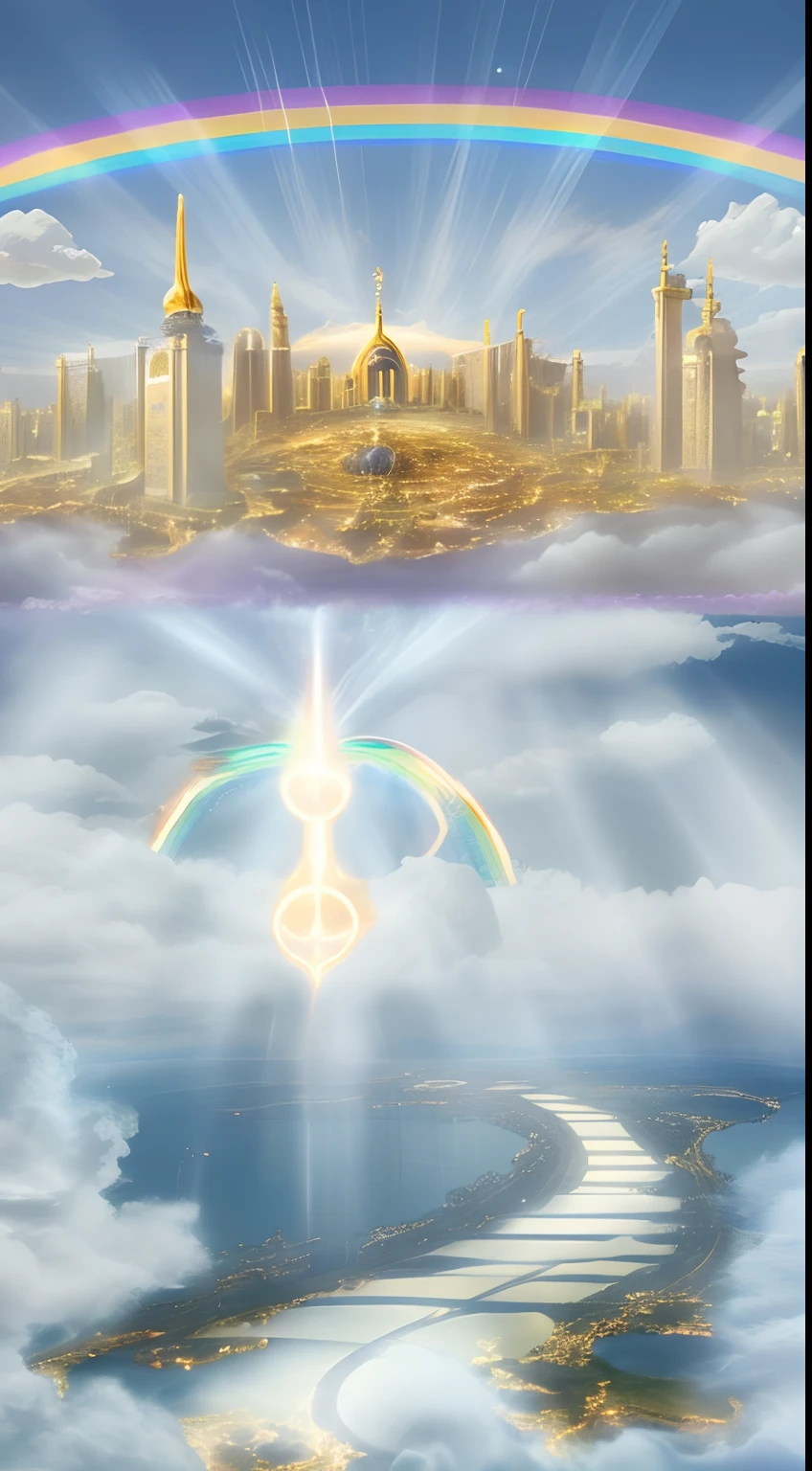 a photo taken from a computer of a rainbow over a city, gold gates of heaven!!!!!!!!, heaven!!!!!!!!, reino divino dos deuses, she is arriving heaven, heaven on earth, Ainda de Rainbow Ophanim, background is celestial, muito colorido celestial, heaven background, paisagem celestial, the gates of heaven, luz celestial, light kingdom backdrop, gates of heaven