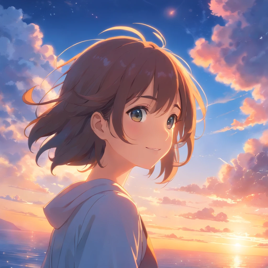 masterpiece, best quality, movie still, 1girl, cloud girl, floating in the sky, close-up, bright, happy, warm soft lighting, sunset, (sparks:0.7)