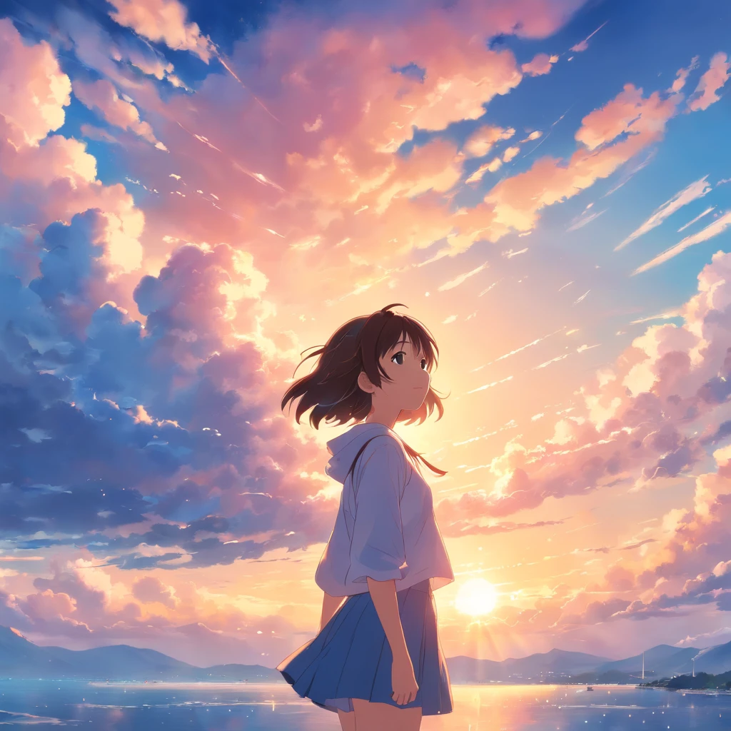 masterpiece, best quality, movie still, 1girl, cloud girl, floating in the sky, close-up, bright, happy, warm soft lighting, sunset, (sparks:0.7)