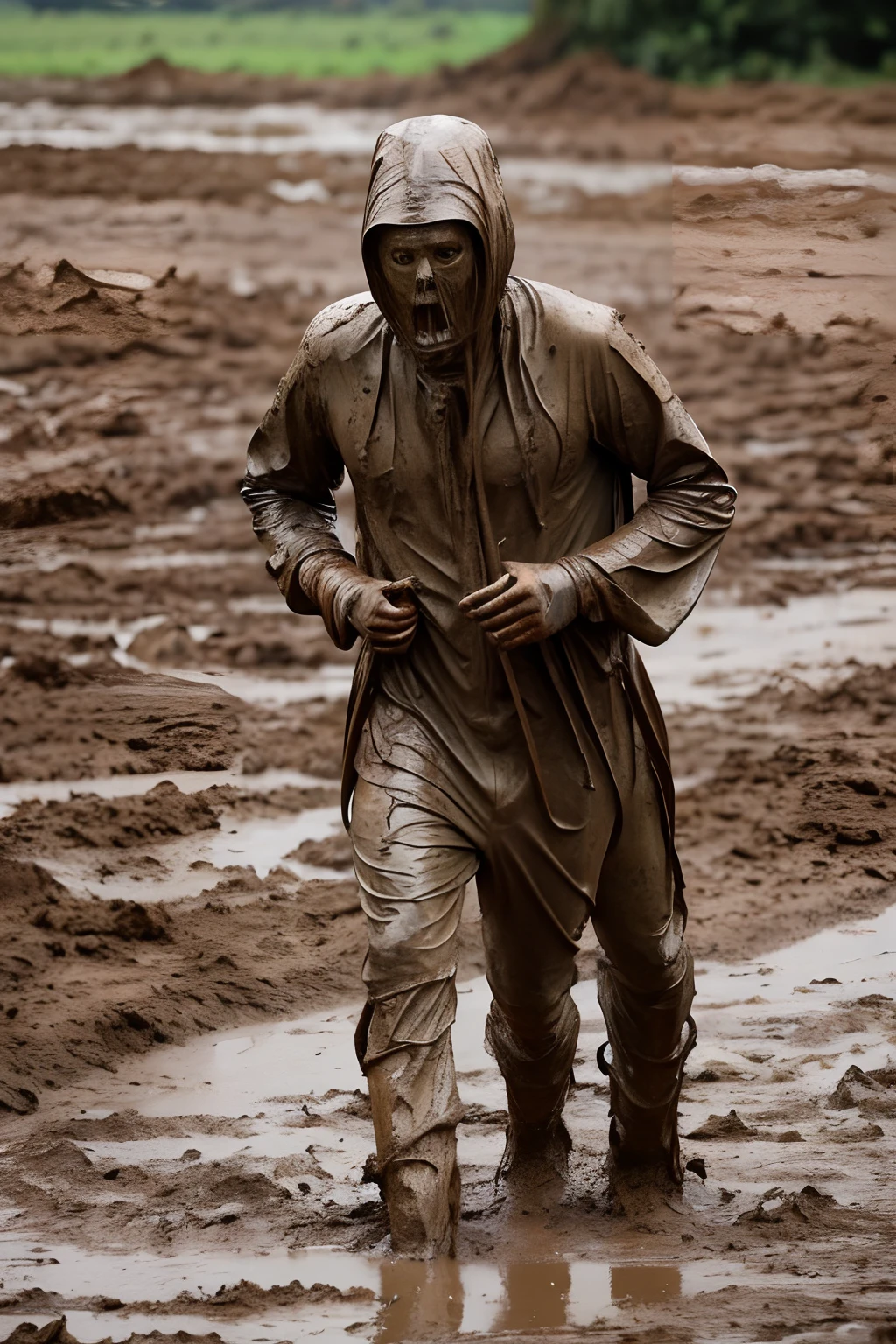 muddy creature, very muddy, cover in mud from head to toe, scary, shape like a man