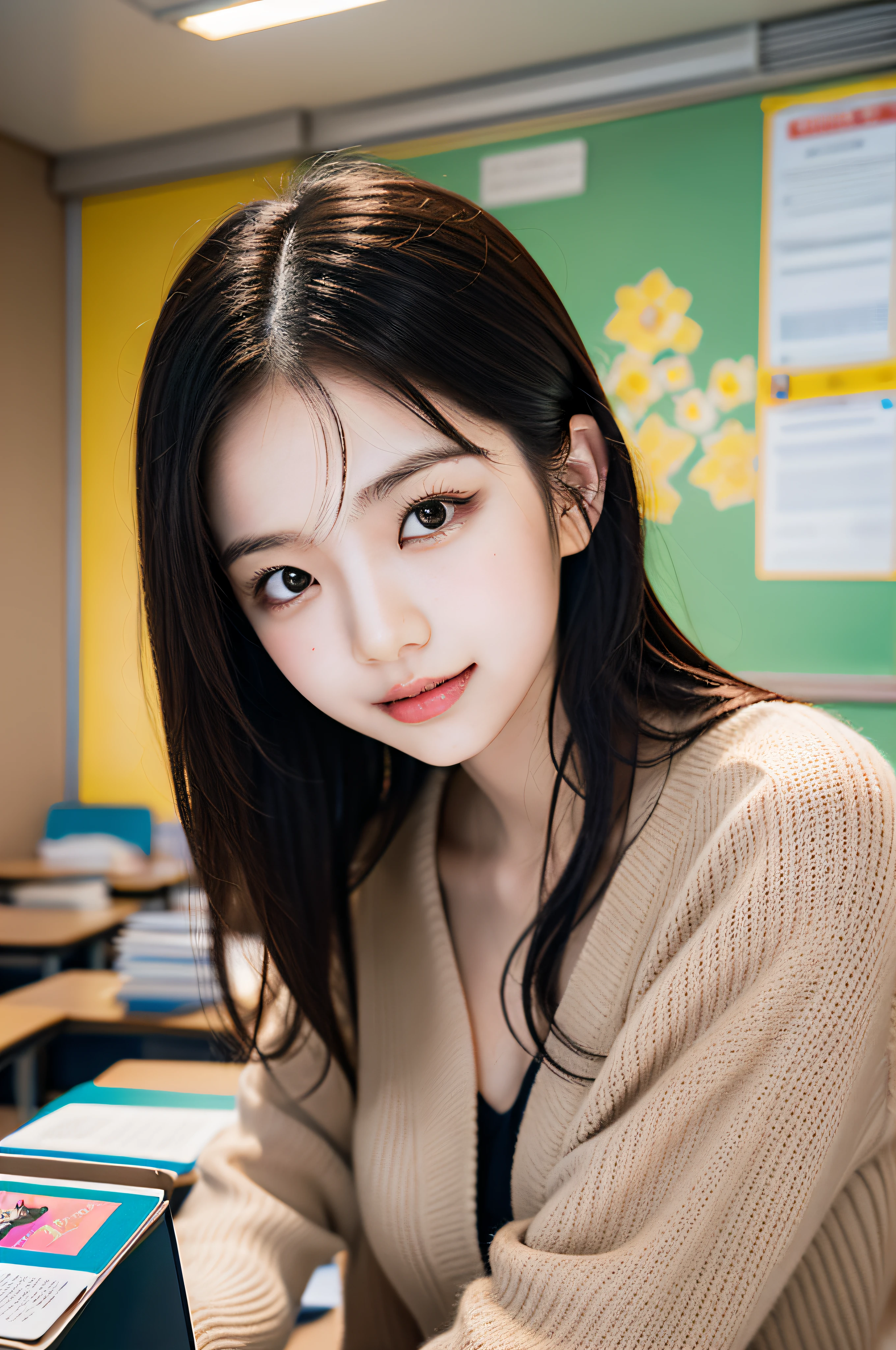 Content: Capture Eri Kamei in a cosplay of a cute middle school teacher, standing in a classroom setting. She is near a blackboard, holding teaching materials, with a gentle smile that highlights her white teeth.
Medium: Photography, hyper-realistic.
Style: The style should be reminiscent of the photographic works of Annie Leibovitz, known for her detailed and vivid portraits. The image should portray a blend of realism and idealism, bringing out the cute and approachable personality of Eri Kamei.
Lighting: Soft and balanced lighting that illuminates the subject naturally, highlighting the details of the costume and the vibrant colors of the classroom setting.
Colors: A color palette that leans towards warm and soft tones, enhancing the friendly and nurturing vibe of the setting.
Composition: Utilize a Nikon D850 camera with an 85mm lens, ensuring a detailed 16k image with a 16:9 aspect ratio. The shot should be a mid-shot, capturing Eri Kamei from head to toe, with a focus on her expressive face and the details of the cosplay outfit.
--ar 16:9 --v 5.1 --style raw --q 2 --s 750