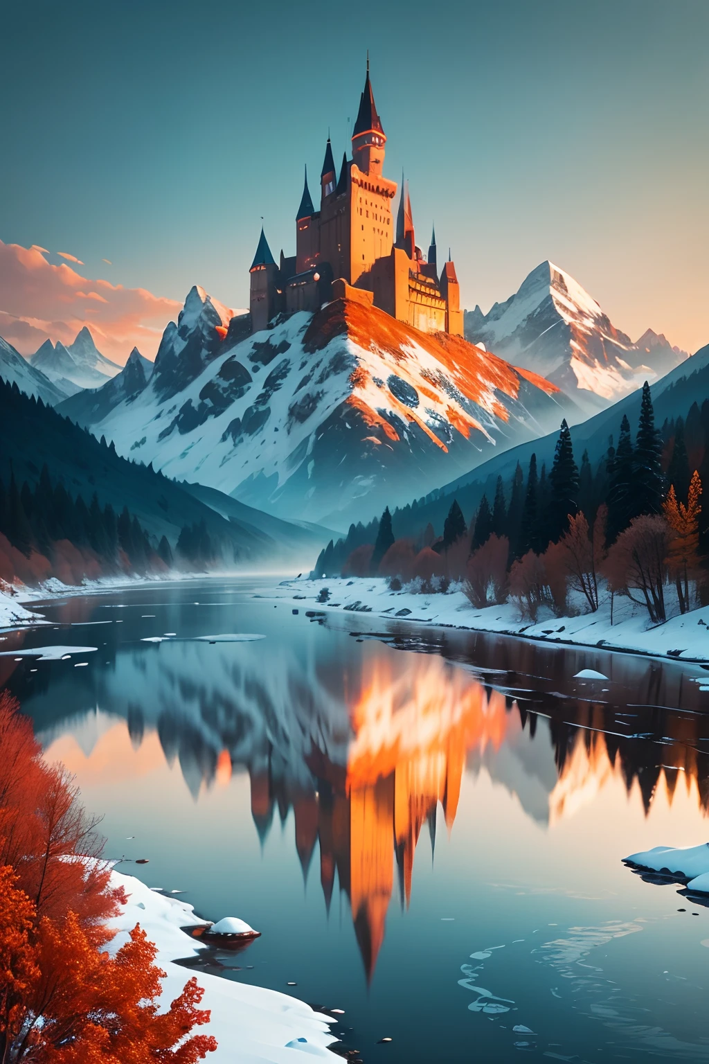 A scenic view of a river flowing through mountains at dawn, snowy peaks with a medieval castle on top, high quality fantasy in turquoise and orange in the style of Wassily Kandinsky, Victo Ngai and Tristan Eaton, beautiful, award winning, vibrant colours, fantastic view, fantasy