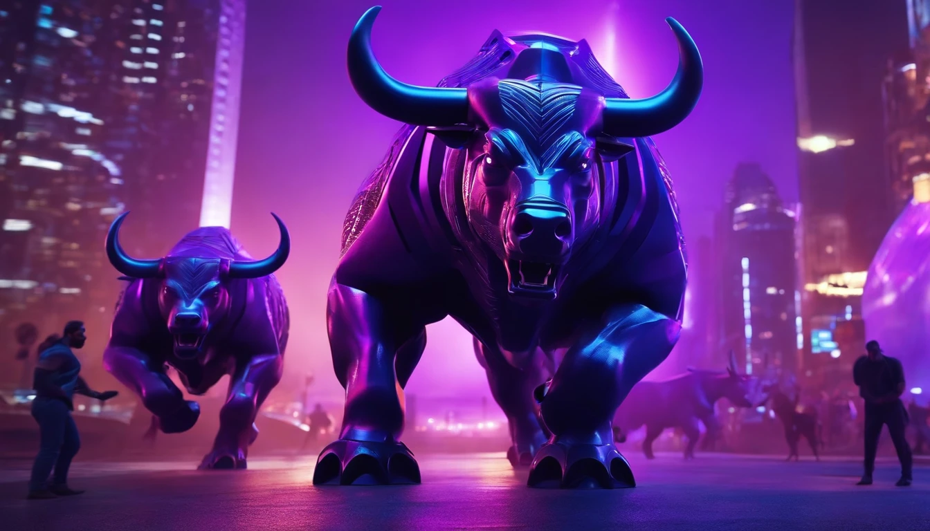 futuristic ai robotic bull and bear fighting in a futuristic city at night. glowing, purple, 4k, high quality, bitcoin, lighting
