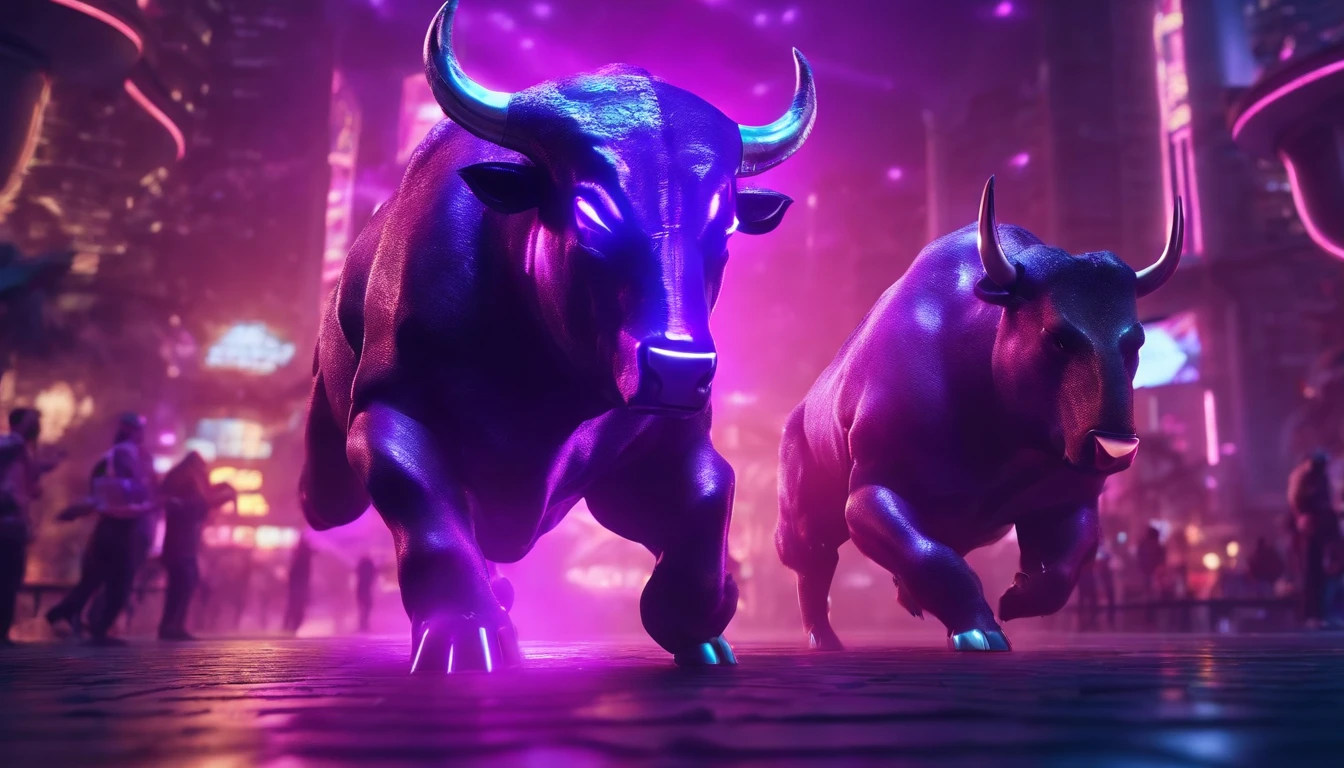 futuristic ai robotic bull and bear fighting in a futuristic city at night. glowing, purple, 4k, high quality, bitcoin, lighting
