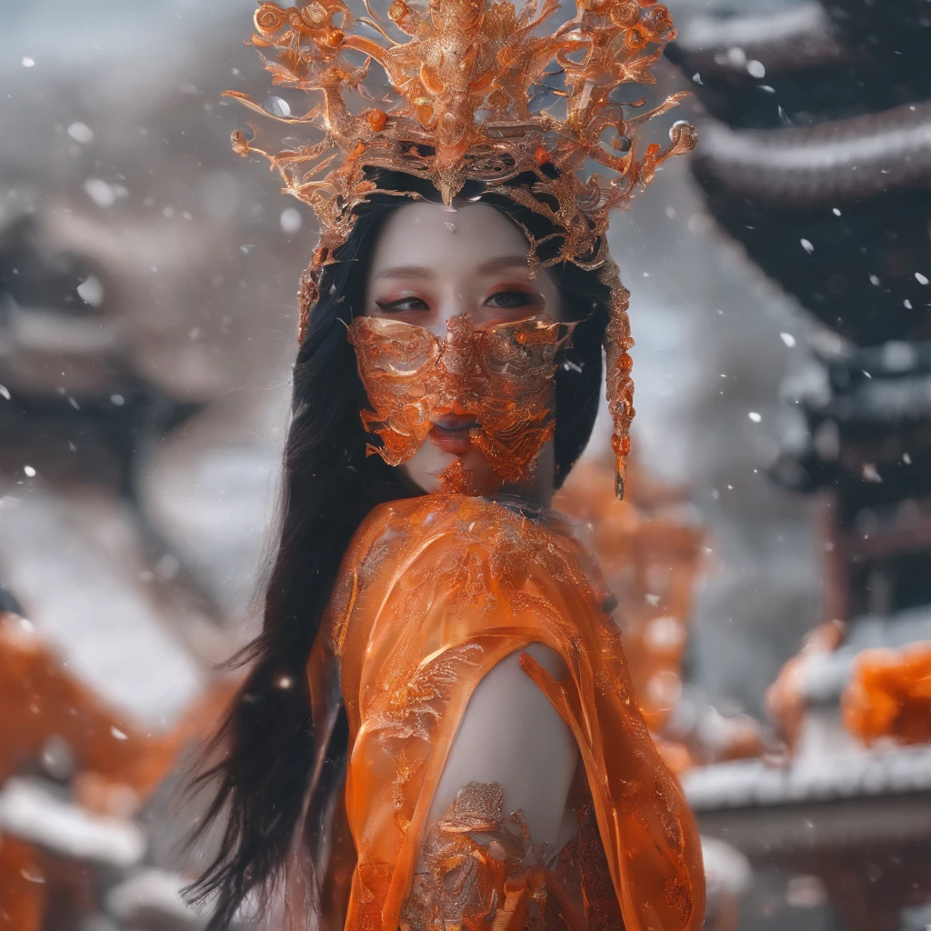 Black gold marble texture 32K（tmasterpiece，k hd，hyper HD，32K）Long flowing bright orange hair，Snow in winter，zydink， a color， Asian people （Kizi）， （Bluish orange scarf）， Combat posture， looking at the ground， long whitr hair， Floating bright orange， Fire cloud pattern gold tiara， Chinese long-sleeved gold silk garment， （Abstract snowflakes flying：1.2）， white backgrounid，Lotus protector（realisticlying：1.4），Bright purple hair，Smoke on the road，The background is pure， A high resolution， the detail， RAW photogr， Sharp Re， Nikon D850 Film Stock Photo by Jefferies Lee 4 Kodak Portra 400 Camera F1.6 shots, Rich colors, ultra-realistic vivid textures, Dramatic lighting, Unreal Engine Art Station Trend, cinestir 800，Long flowing bright orange hair