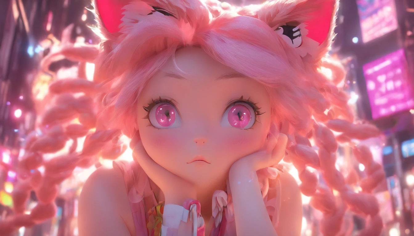 Cute girl with cat ears、Japan anime style、Moe、Full body painting、Standing Picture、Authentic and highly detailed body、小柄、girl with、childish、10yaers old、length hair、bangss、A pink-haired、Authentic and highly detailed face、beautiful eyes that are authentic and highly detailed,、 cat ear、Authentic and very delicate arms and hands、Authentic and highly detailed human hands(5 fingers)、The most beautiful girl in the world、Delicate and beautiful pink cat eyes、Authentic skin texture、komono、lolita、a miniskirt、Authentic and highly detailed pink knee-high socks、Authentic and highly detailed long boots、An ultra-high picture quality