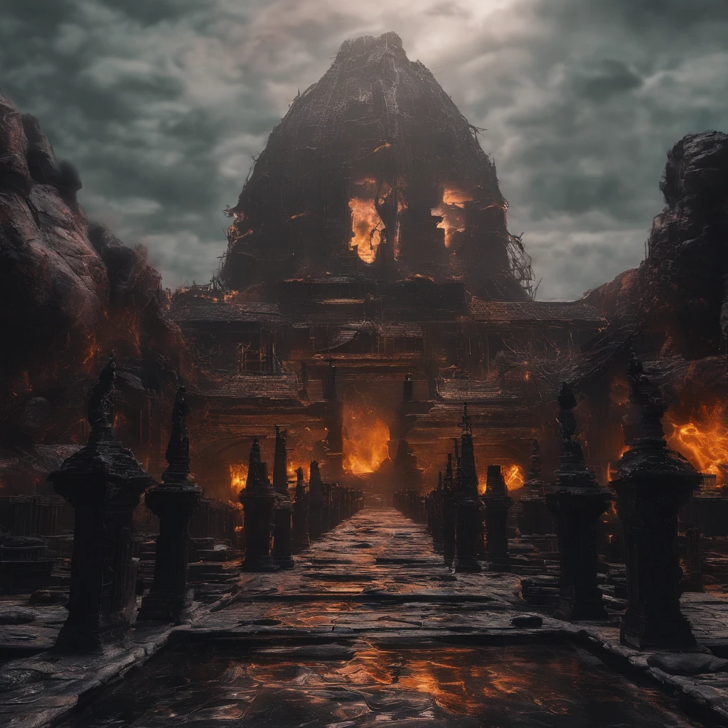 In heavy rain,((Huge castle complex,Ancient square-topped stones burned in the fire))The picture quality is excellent,Lightning,Yellow light fog,电影灯光,Natural, Realistic colors,Full composition,The style refers to Van Gogh,Subject content,Burning wooden ancient domed stone monolith game scene 1:60 miniatures,Lightning and lightning,,Smoke on the road,The background is pure, A high resolution, the detail, RAW photogr, Sharp Re, Nikon D850 Film Stock Photo by Jefferies Lee 4 Kodak Portra 400 Camera F1.6 shots, Rich colors, ultra-realistic vivid textures, Dramatic lighting, Unreal Engine Art Station Trend, cinestir 800,Strange rockery