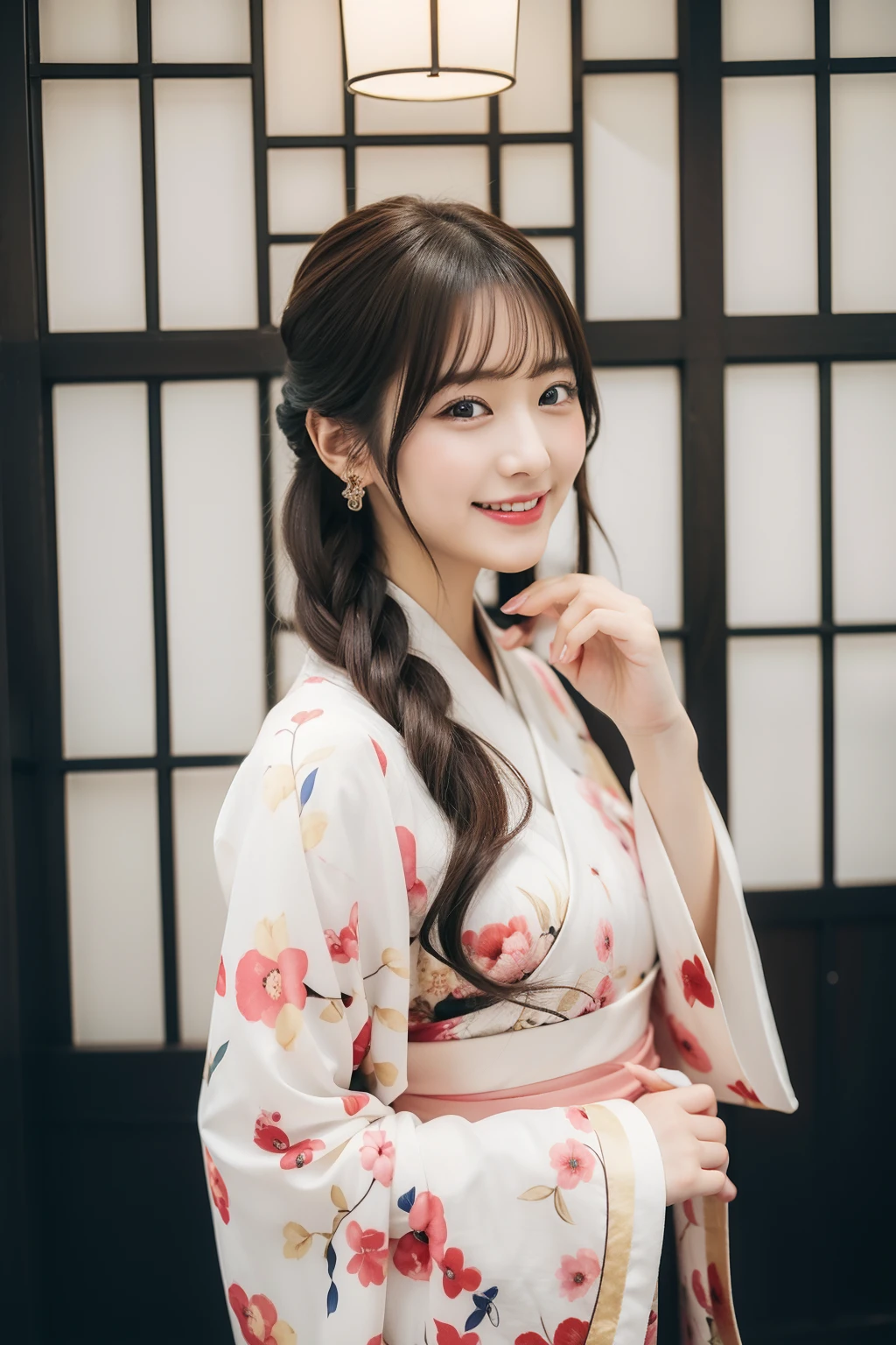 22-year-old girl、Furisode、Flashy pattern、Beautiful pattern、tea shop、a smile、Beautuful Women、((top-quality、8K、masterpiece:1.3))、foco nítido:1.2、An ultra-high picture quality、top-quality、masterpiece、natural soft light、The upper part of the body