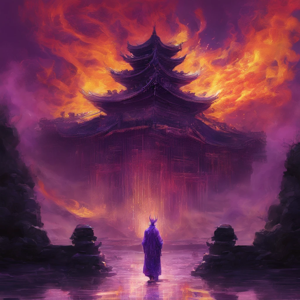 In heavy rain,((A huge castle complex of ancient square-topped stones burning in the fire))The picture quality is excellent,Lightning,Yellow light fog,电影灯光,Natural, realistic colors,Full composition,The style refers to Van Gogh,Subject content,Burning wooden ancient domed stone giant castle game scene 1:60 miniatures,Lightning and lightning,Agate glass texture 32K(tmasterpiece,k hd,hyper HD,32K)Long flowing bright purple hair,Autumn Pond,zydink, a color, Asian people (Kizi), (Red scarf), Combat posture, looking at the ground, long whitr hair, Floating bright purple, Fire cloud pattern gold tiara, Chinese long-sleeved gold silk garment, (abstract ink splash:1.2), white backgrounid,Lotus protector(realisticlying:1.4),Bright purple hair,Smoke on the road,The background is pure, A high resolution, the detail, RAW photogr, Sharp Re, Nikon D850 Film Stock Photo by Jefferies Lee 4 Kodak Portra 400 Camera F1.6 shots, Rich colors, ultra-realistic vivid textures, Dramatic lighting, Unreal Engine Art Station Trend, cinestir 800,Long flowing bright purple hair