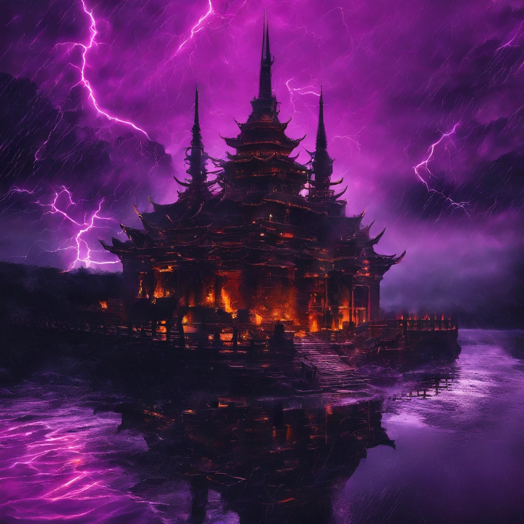 In heavy rain,((A huge castle complex of ancient square-topped stones burning in the fire))The picture quality is excellent,Lightning,Yellow light fog,电影灯光,Natural, realistic colors,Full composition,The style refers to Van Gogh,Subject content,Burning wooden ancient domed stone giant castle game scene 1:60 miniatures,Lightning and lightning,Agate glass texture 32K(tmasterpiece,k hd,hyper HD,32K)Long flowing bright purple hair,Autumn Pond,zydink, a color, Asian people (Kizi), (Red scarf), Combat posture, looking at the ground, long whitr hair, Floating bright purple, Fire cloud pattern gold tiara, Chinese long-sleeved gold silk garment, (abstract ink splash:1.2), white backgrounid,Lotus protector(realisticlying:1.4),Bright purple hair,Smoke on the road,The background is pure, A high resolution, the detail, RAW photogr, Sharp Re, Nikon D850 Film Stock Photo by Jefferies Lee 4 Kodak Portra 400 Camera F1.6 shots, Rich colors, ultra-realistic vivid textures, Dramatic lighting, Unreal Engine Art Station Trend, cinestir 800,Long flowing bright purple hair