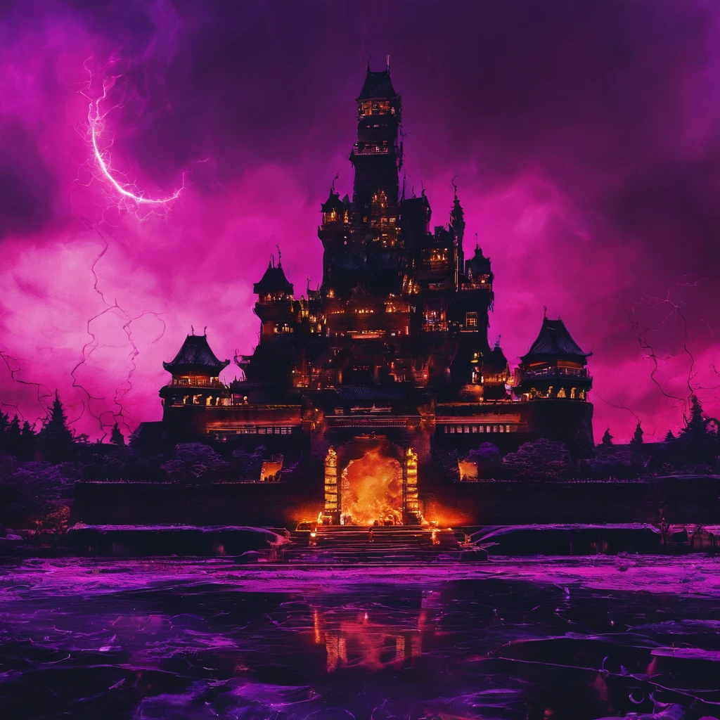 In heavy rain,((A huge castle complex of ancient square-topped stones burning in the fire))The picture quality is excellent,Lightning,Yellow light fog,电影灯光,Natural, realistic colors,Full composition,The style refers to Van Gogh,Subject content,Burning wooden ancient domed stone giant castle game scene 1:60 miniatures,Lightning and lightning,Agate glass texture 32K(tmasterpiece,k hd,hyper HD,32K)Long flowing bright purple hair,Autumn Pond,zydink, a color, Asian people (Kizi), (Red scarf), Combat posture, looking at the ground, long whitr hair, Floating bright purple, Fire cloud pattern gold tiara, Chinese long-sleeved gold silk garment, (abstract ink splash:1.2), white backgrounid,Lotus protector(realisticlying:1.4),Bright purple hair,Smoke on the road,The background is pure, A high resolution, the detail, RAW photogr, Sharp Re, Nikon D850 Film Stock Photo by Jefferies Lee 4 Kodak Portra 400 Camera F1.6 shots, Rich colors, ultra-realistic vivid textures, Dramatic lighting, Unreal Engine Art Station Trend, cinestir 800,Long flowing bright purple hair