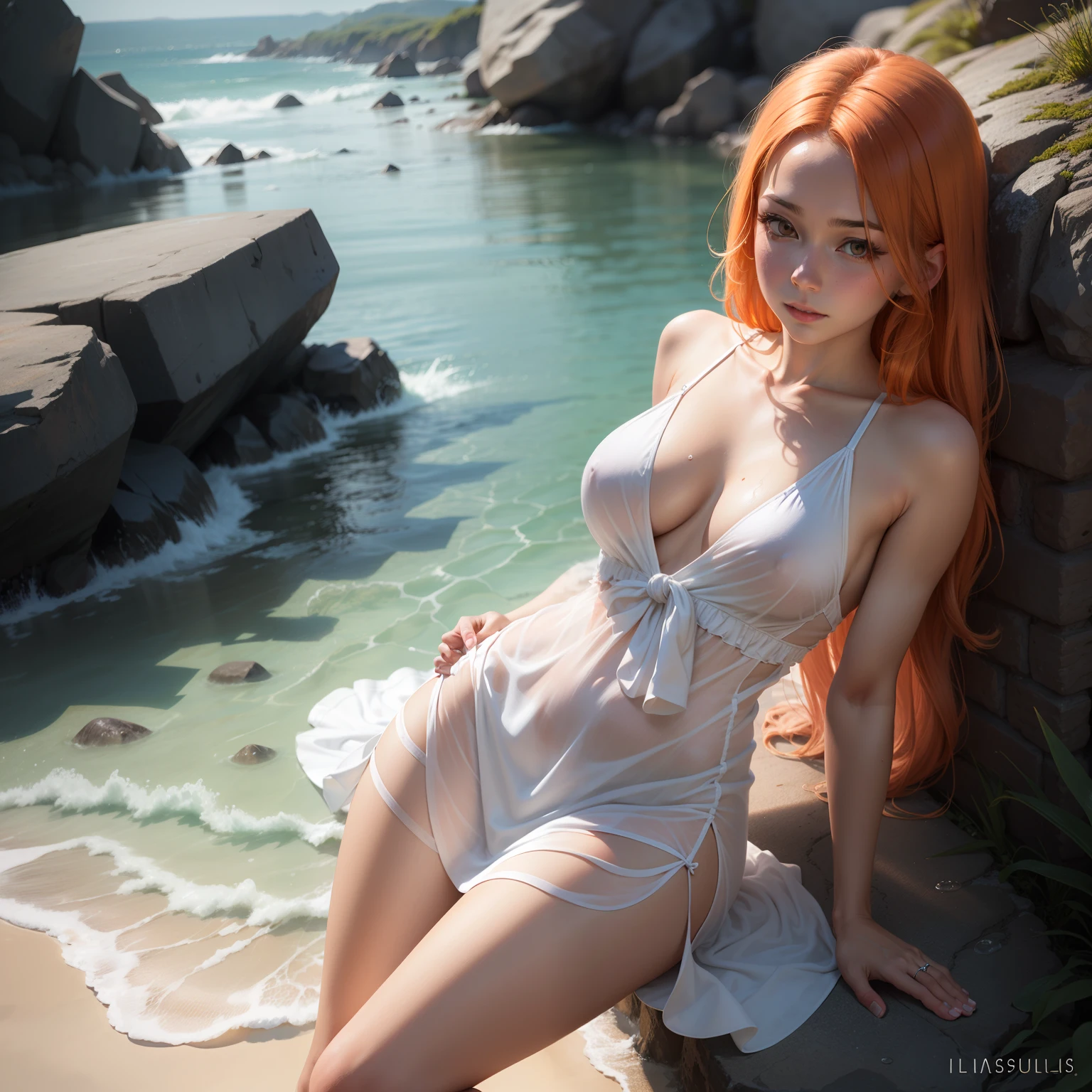 (masutepiece, Best Quality), ((1girl in, Solo, Long hair)), Ishmael_limbus, Innocent expression, Bare arms, Bare shoulders, barechested, watercolor paiting, sundress, liquid clothes, Water, vague, Water Dress, Blue_theme, Night, myst, Dark, Sharp Focus, On the beach, See-through dress, Orange hair