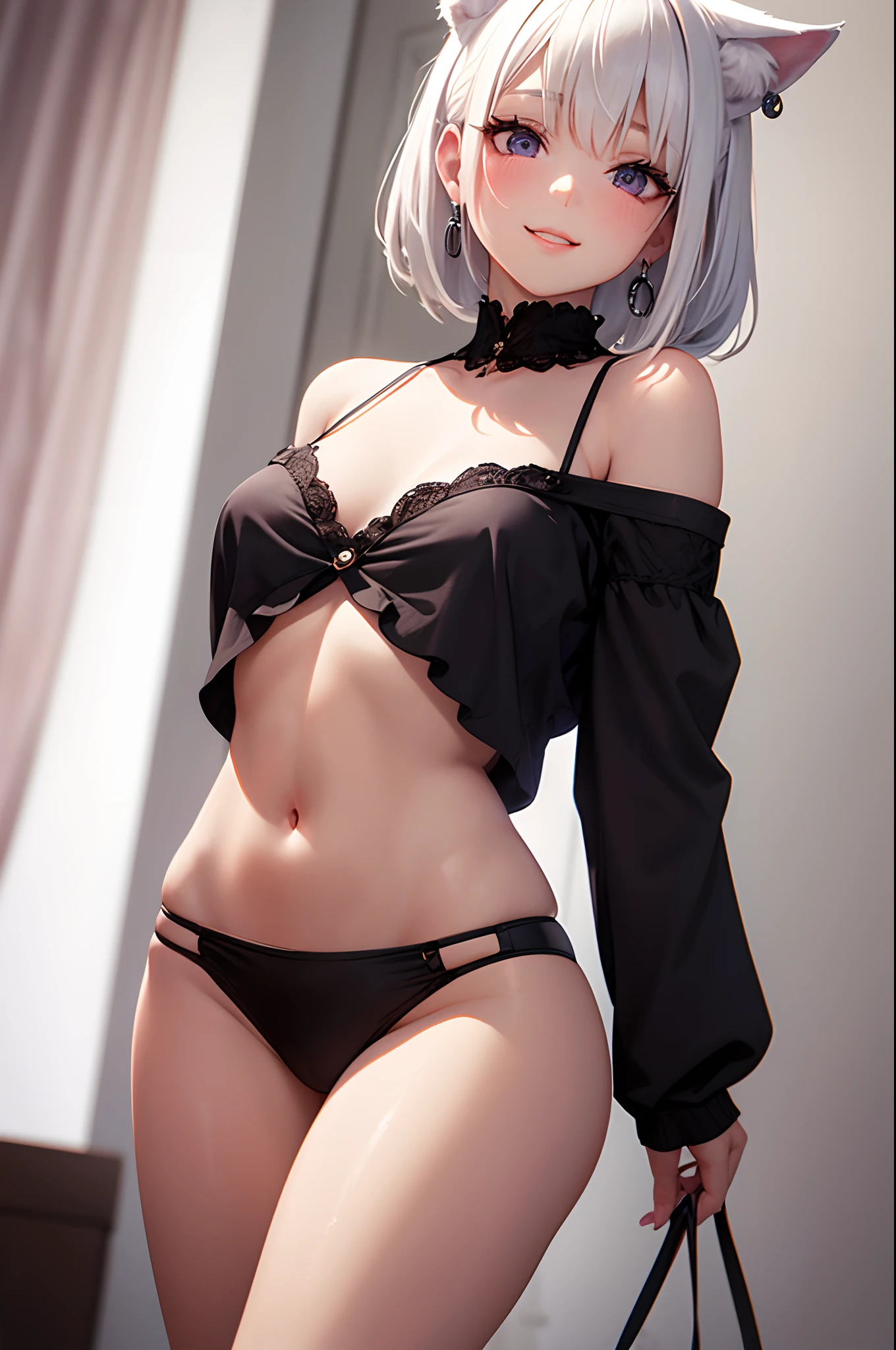 Detailed image of a li, White hair loose in a tousled aesthetic bun, sharp and seductive violet eyes, Beautiful face, smiling, full lips, dog ears, with earrings, small breasts, blushing eyeshadow, long thick eyelashes, posing sensually dressed in a very cute kitten blouse, a mini skirt, small waist, wide hips, large round buttocks, beautiful thick bare thighs, view from below, shallow depth of field, volumetric lighting, Shadow enhancement, Detailed cityscape, Shoulder blades (Higher quality, Amazing details: 1. 25), (only: 1.3), Bright colorful paintings.