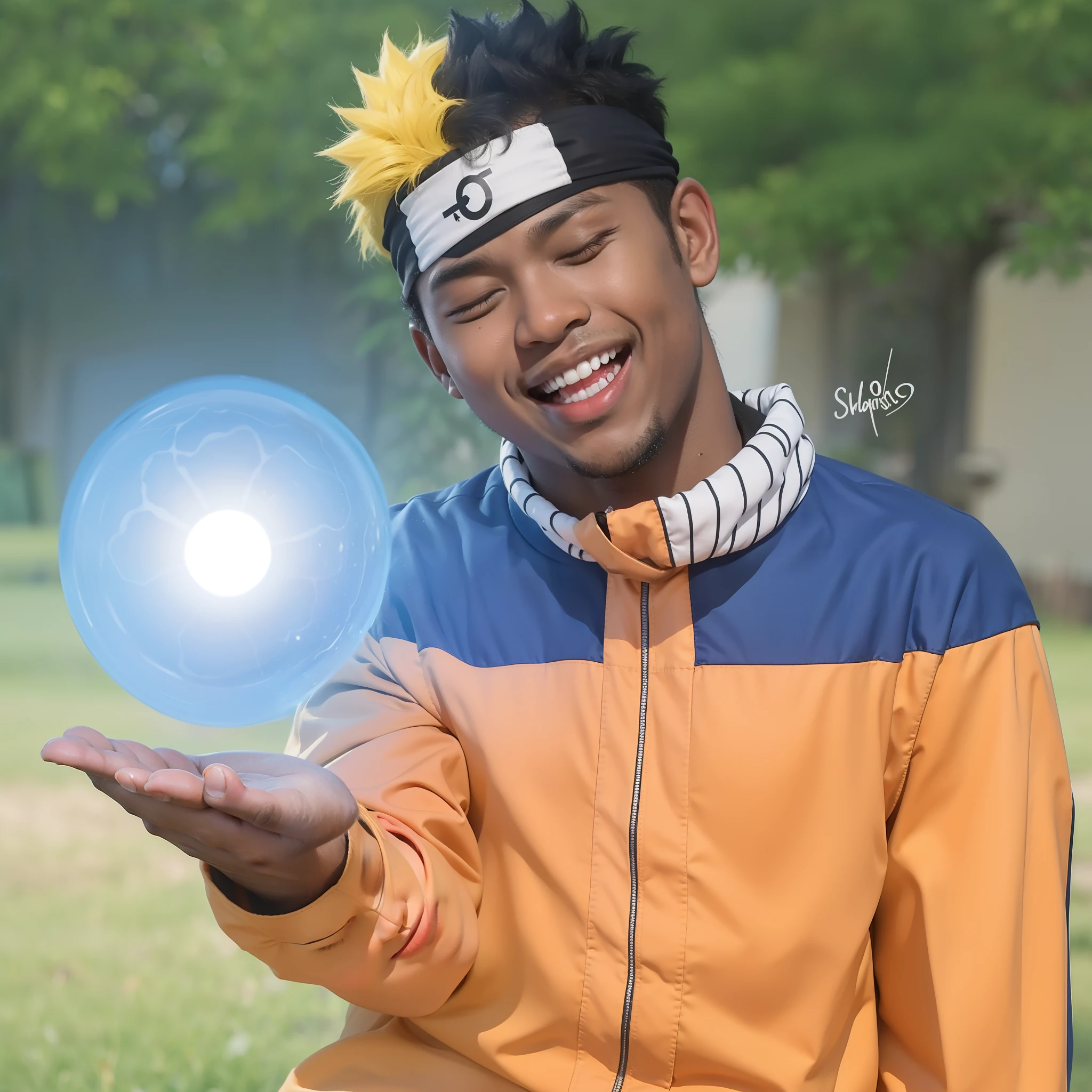 Real life adaption of this character , chubby black african man ,(laughing expression with closed eyes),realistic yellow spiky hairstyle,realistic same outfit,hyper realistic,realism,realistic light,realistic shadow(photorealistic:1.2),plate headband,(holding rasengan)