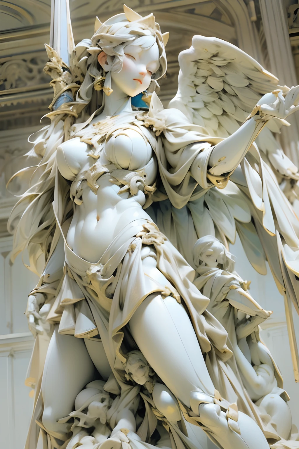 Archangel pure white marble statue in mechanical parts , Lowering a bayonet from the air to the ground, Dynamic posture, Feminine body, Large breasts emphasis, Shade effect clearly, Detailed description, Artisanal work, masterpiece