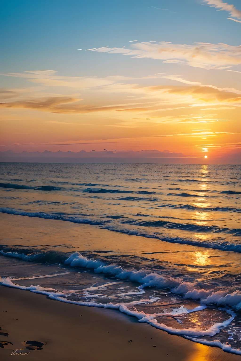 (best quality,4k,8k,highres,masterpiece:1.2),ultra-detailed,(realistic,photorealistic,photo-realistic:1.37),vibrant colors,golden sunlight,luminous clouds,serene ocean,silhouette of palm trees,spectacular horizon,peaceful atmosphere,nature's symphony,gentle waves,dreamy scenery,tranquil reflection,majestic beauty,breathtaking view,stunning hues,serene beach,golden hour,serene tranquility,colorful sky,fading daylight,melodic tones,relaxing ambiance,serenity and harmony,ethereal glow,sun-kissed landscape,serene water,soft breeze on the skin,perfectly balanced,calming palette,masterful brushstrokes,serene and picturesque,painterly techniques,captivating scenery,blissful experience,natural harmony,serene paradise,serene twilight