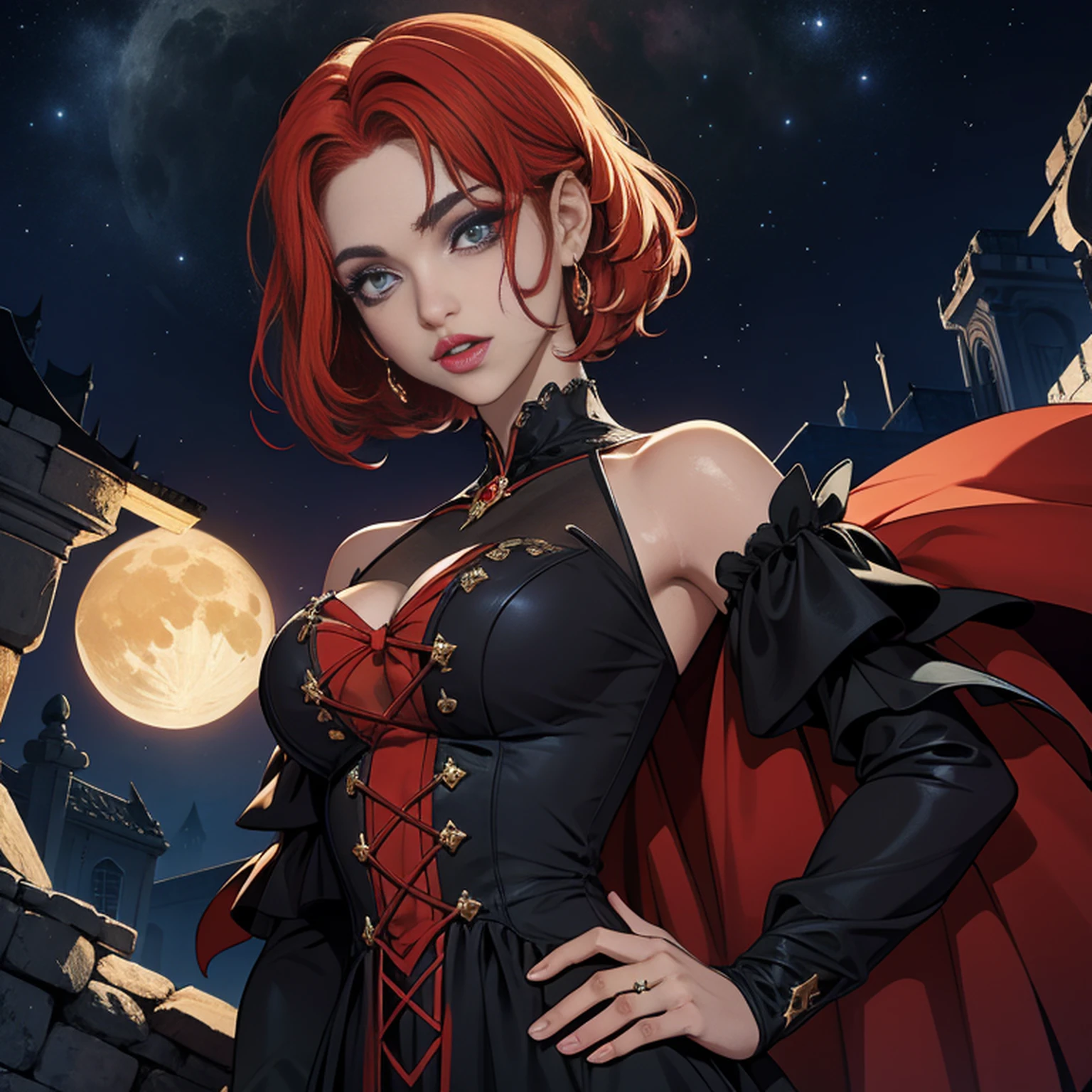 (best quality,highres,ultra-detailed),beautiful detailed red hair,beautiful detailed red eyes,beautiful detailed red lips,large bat wings,medieval attire,revealing clothing,city,night,scary,big breasts,medieval cityscape