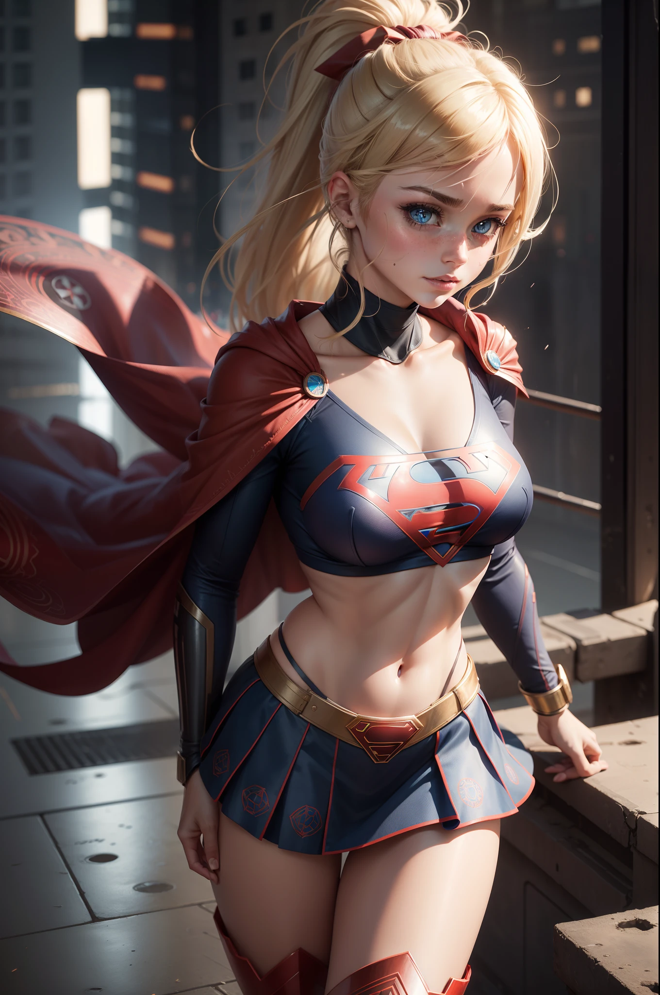 ((masterpiece, best quality,absurdists)),supergirl( a woman long blonde hair, 21 years old,blue and expressive eyes,huge breasts), cheerleader supergirl cosplay(short gym top, pleated mini skirt, lace thong panties with garters, stockings (costume supergirl)), back wiggling ass, american football stadium, blurry people, sunset, smiling, expression flushed embarrassed