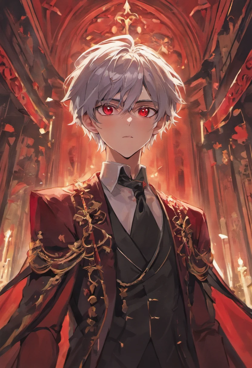 "Describe a teenage boy from a vampire family wearing royal attire with deep red eyes and silver hair."