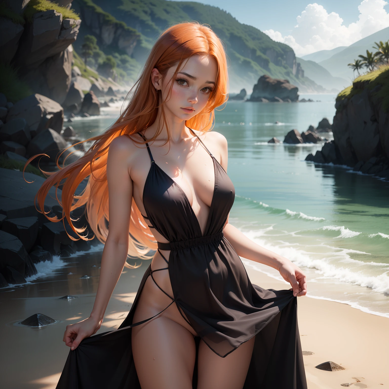 (masutepiece, Best Quality), ((1girl in, Solo, Long hair)), Ishmael_limbus, Innocent expression, Bare arms, Bare shoulders, barechested, watercolor paiting, sundress, liquid clothes, Water, vague, Water Dress, Blue_theme, Night, myst, Dark, Sharp Focus, On the beach, See-through dress, Orange hair