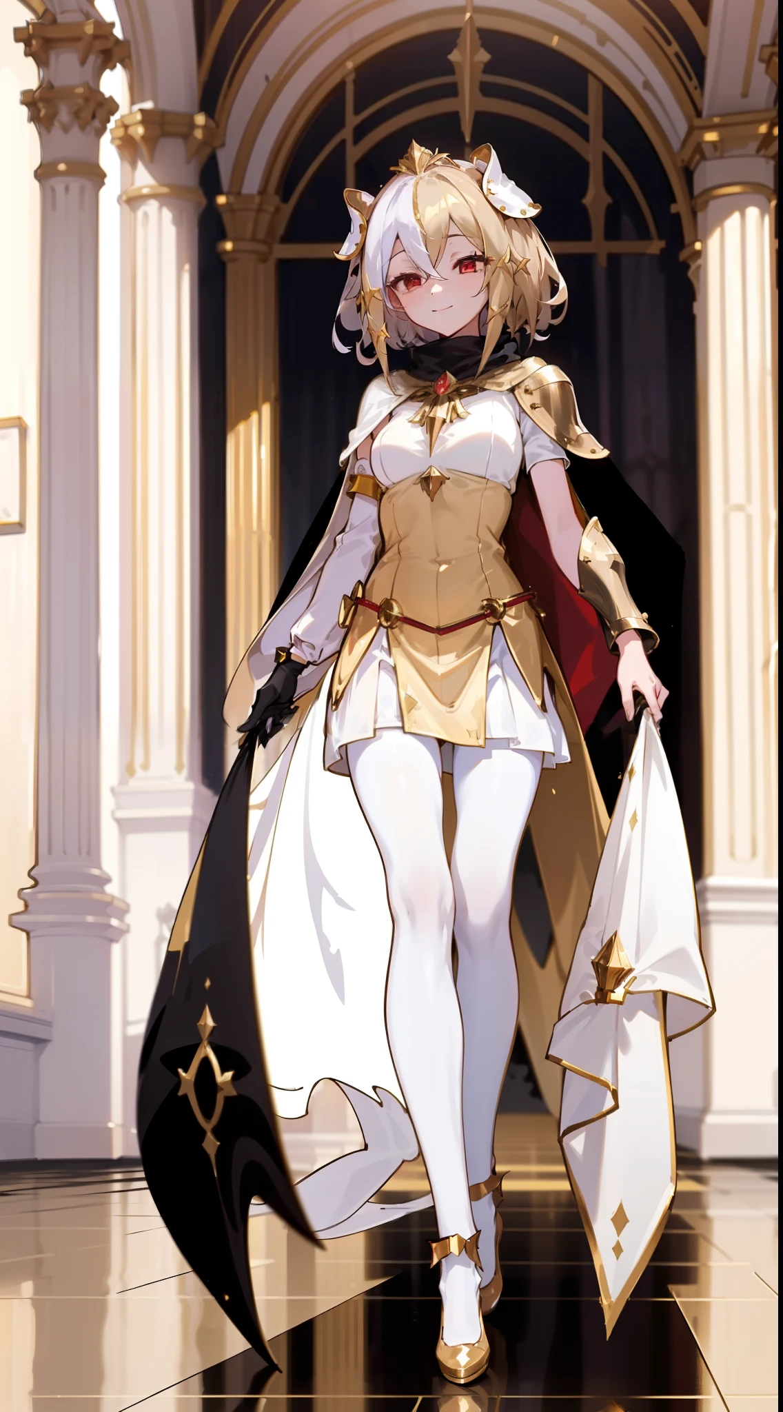 1girl,20 years,solo,happy,white and golden short dress,medium tits,golden hair,short hair,red eyes,elves ears,white pantyhose,golde tiara,Detailed ,gold high heels,Luxurious Gold Decoration,(((long cape))),(((walking on a room inside a castle)))