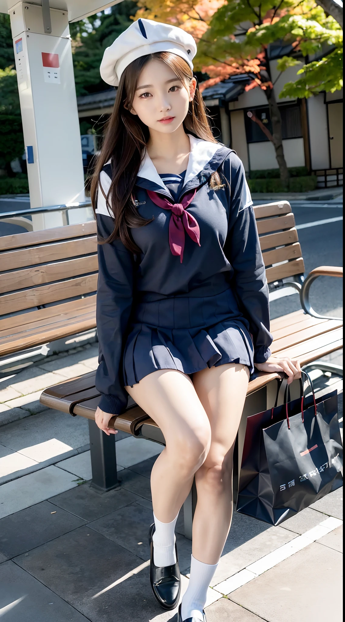 mix4, (16 K, Raw photography, Top image quality, masterpiece: 1.45), (realisitic, Photorealsitic: 1.37), one girls, 7.5, etc、Standing figure,cute little, A city scape,, profetional lighting, photon maping, Cityscape with street trees, physically-based renderingt, Gradient dark brown hair,, a handsome, Well-groomed and beautiful eyes、Large double eyelids、Very shiny、girl with, (((student clothes、Long sleeve sailor suit worn by Japan girl、red cuffs、Dark blue over-the-knee skirt, Gray beret、Dark blue knee-high socks、Black loafers))), Top Quality Photos, hight resolution, 1080p, (clearface), (Detailed face description), (Detailed hand description), (masterpiece), (Exquisite CG)、extreme light and shadows、dishevled hair、master work、abundant detail、(Fine facial features)、(top quality photo)、(masuter piece)、(A detailed eye)、Look in front of you、Fine clavicle、((Slender big))、(((Japan schooln long-sleeved sailor suit)))、((Sexy Idol System))、((Boulevard with street trees、Bus stop、timetable、Benches))、(Shooting from random perspectives)、(((Anyway cute)))、耳Nipple Ring、A big smile、Drawing the whole body from the knees、Do not draw nasolabial folds、(((shopping bags)))、(Big breasts that hang down big:0.7)、Big buttocks with tension、Two arms and two legs、(((from the front side:0.5)))、bare hand、