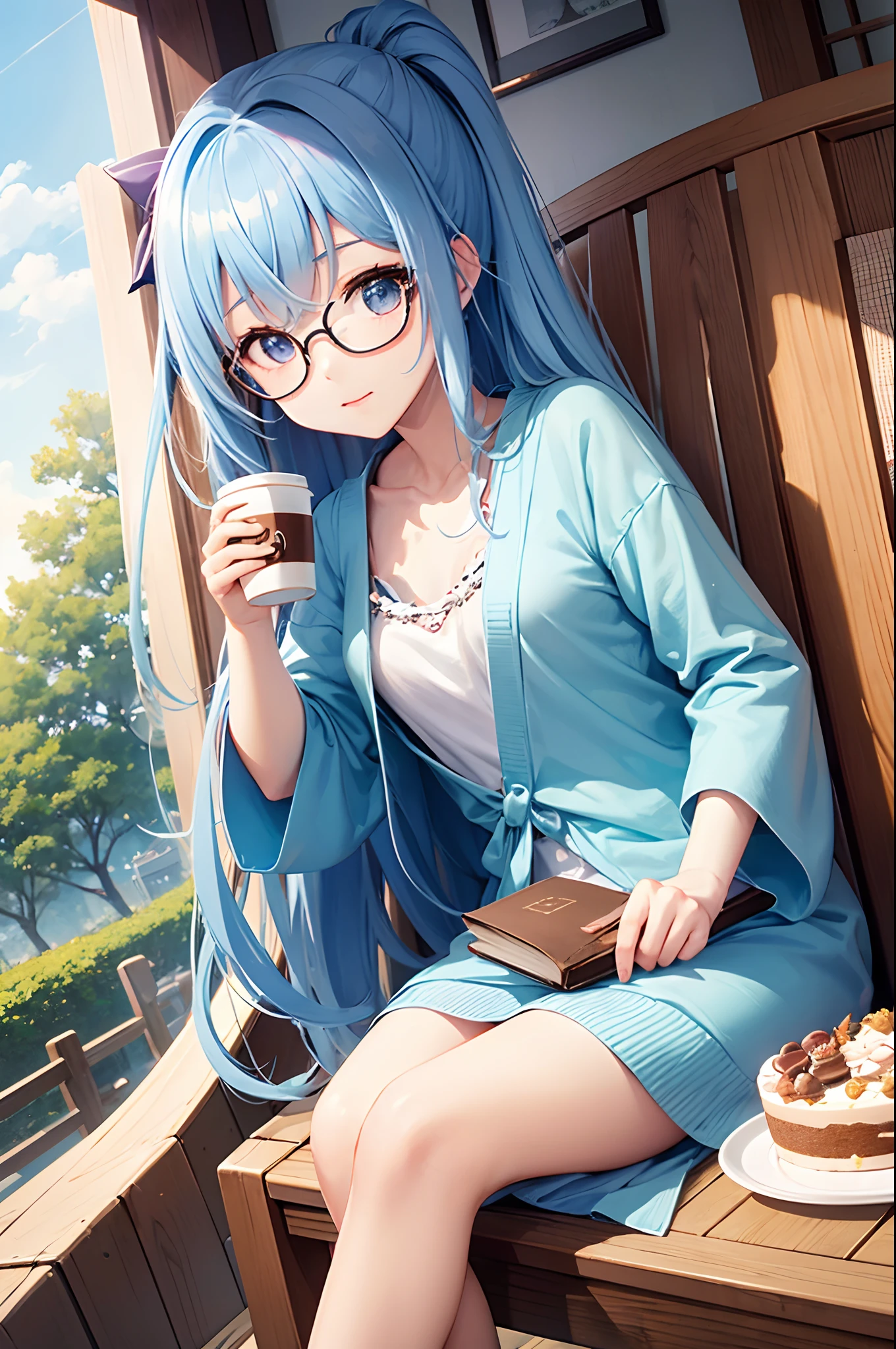 (8K)、Girl drinking coffee on café terrace in early morning、Light blue long hair、poneyTail、eye glass、Holding the coffee cup with both hands、Relax and sit in a chair、Angle from diagonally forward、Remote location、There is a cake and a half-read book on the table、(White cardigan)、nature environment、cute little、(Fantastical)、Japanese anime