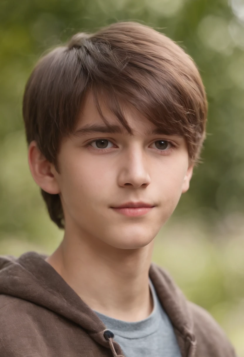 14-year-old boy with medium hair and brown bangs with a thin face and height of 1,61 m