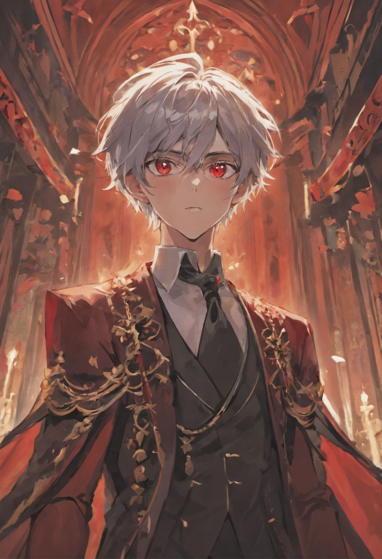 "Describe a teenage boy from a vampire family wearing royal attire with deep red eyes and silver hair."