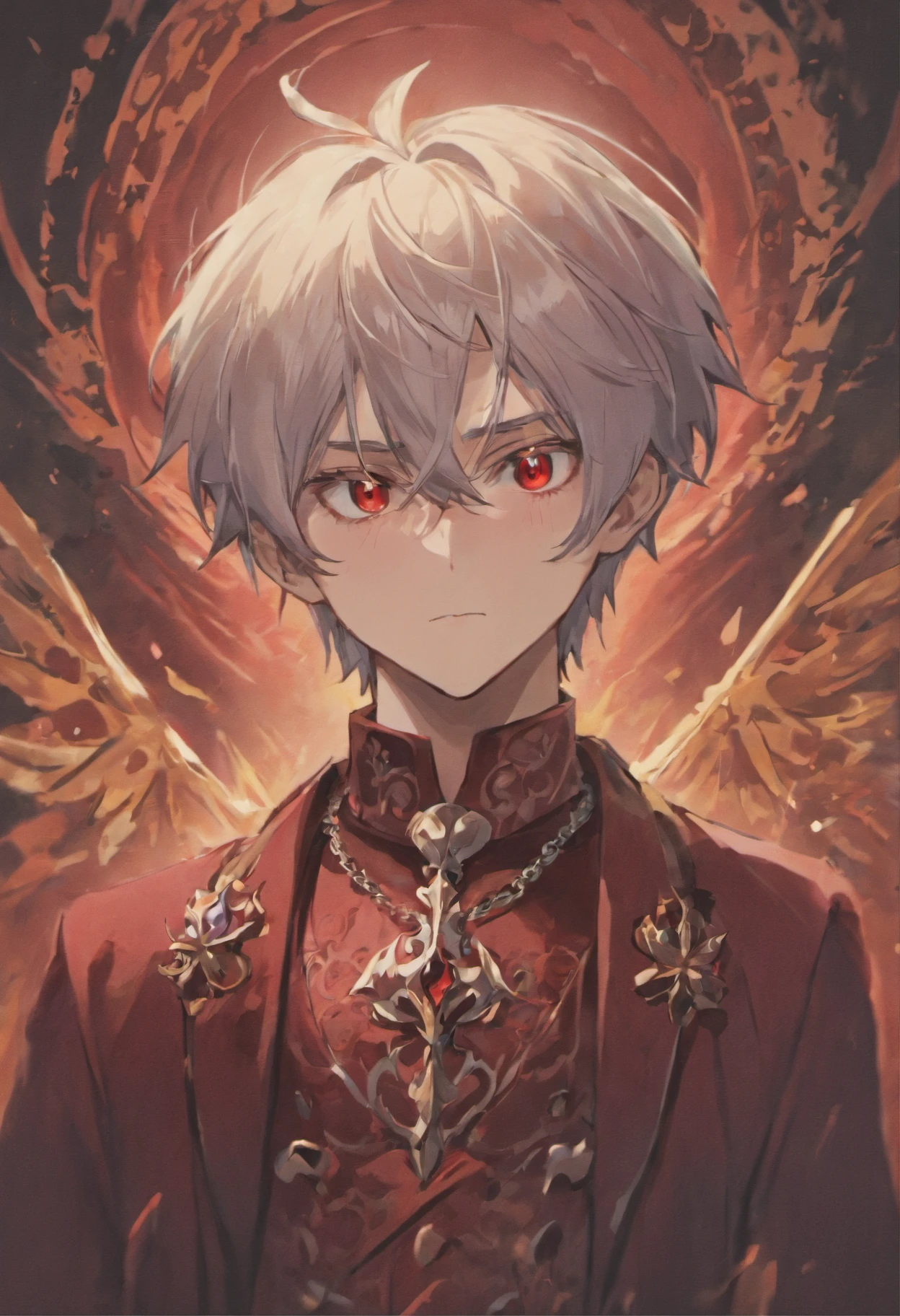 "Describe a boy from a vampire family wearing royal attire with deep red eyes and silver hair."
