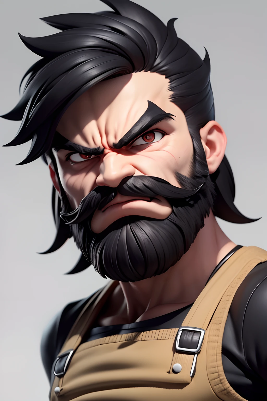 The image is of an angry cartoon character with a mustache. The character has black hair and a large, black mustache. We can't see his full body or even hands, but only his head on a white background.
His facial expression is angry and determined. He has a square face and a flat chin. His eyes are wide and alert, and his eyebrows are knitted together, his mouth is closed.
His overall appearance is one of spite and disappointment, conveying the message that he is ready for whatever comes his way.