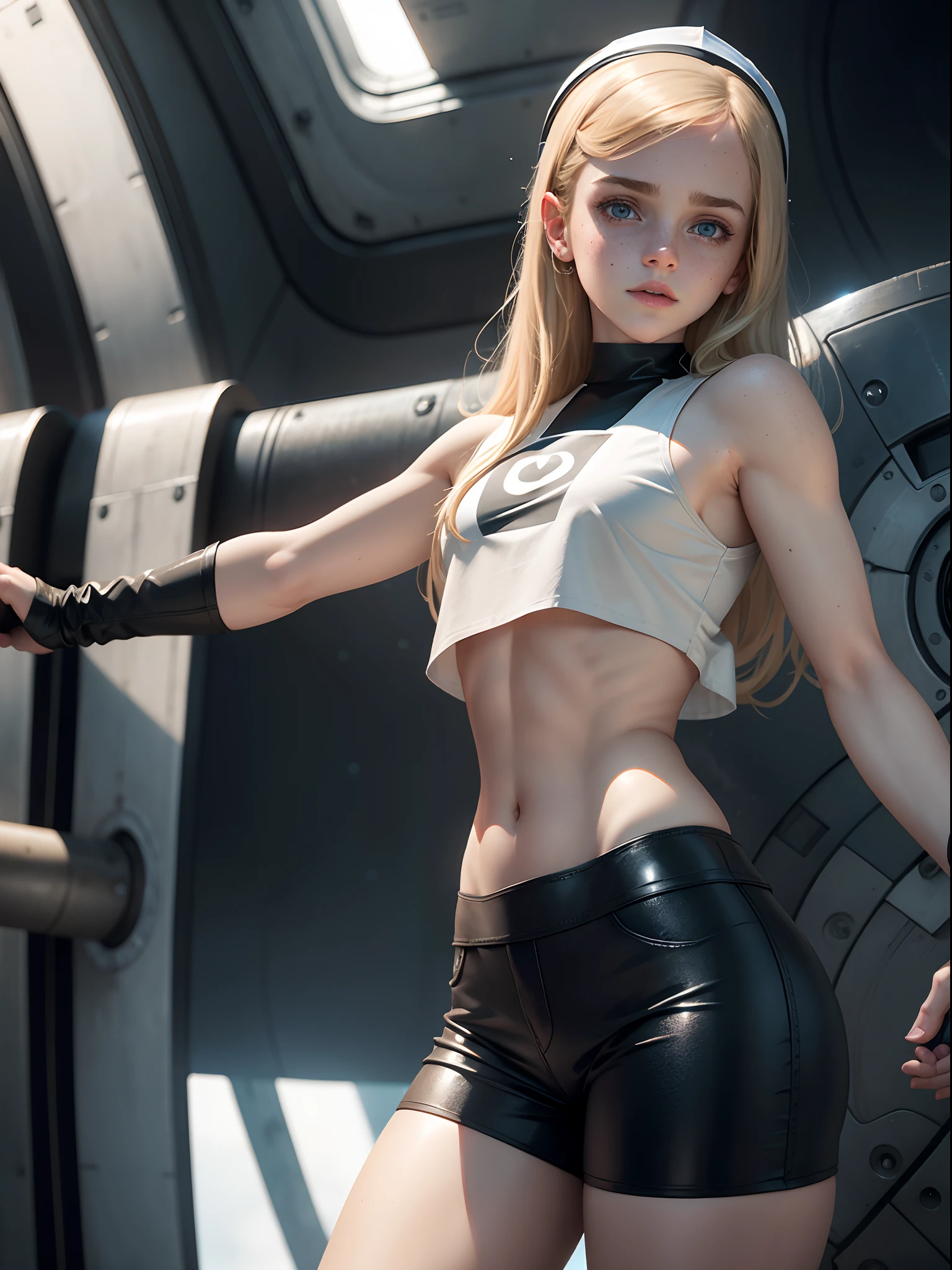 emma watson as a nun blonde. freckles. sparkly blue eyes that speak of innocence and acceptance. Slender frame and beautiful figure. tight leather shorts. crop top. outside a spaceship. ripped clothes exposing muscle. sci-fi. from the back. looking back.