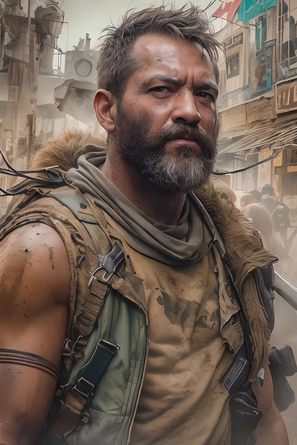 ((16k alto detalhe cru))=>1.37, ((Scenes of post-apocalyptic devastation)=>1.2 Pele_verdadeiro clouse-up parte superior de um homem (Pivalora.5) glasses and beard, Jaqueta militar rasgada (pivalora) advances through the Earth), causing chaos and destruction (Madmax: 0.9) arte de Carne Griffiths e Wadim Kashin, trending on ArtStation, foco nítido, altamente detalhado (perfeito_Hands) (perfeito_Dedos) Fujifilm XT3 estilo