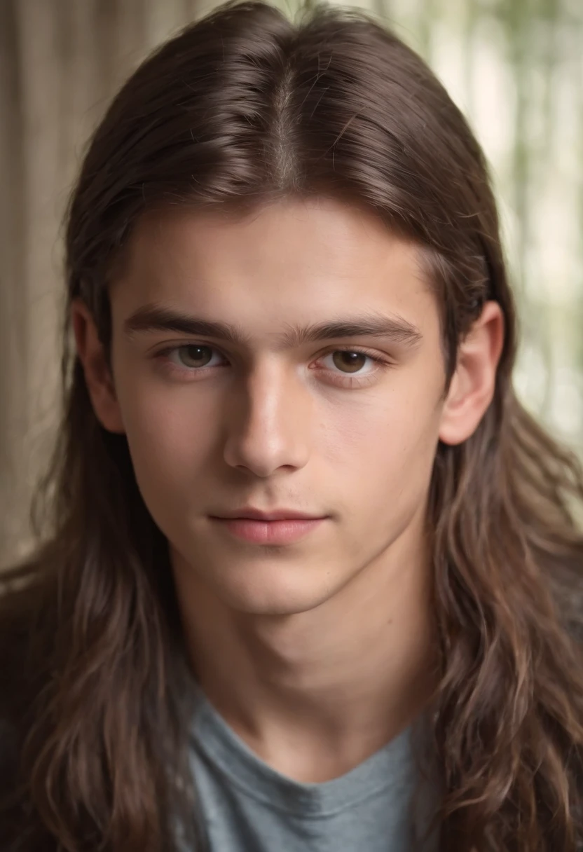 boy with almost long brown hair of  with thin face texture height of 1,61 m y ojos medianamente chicos