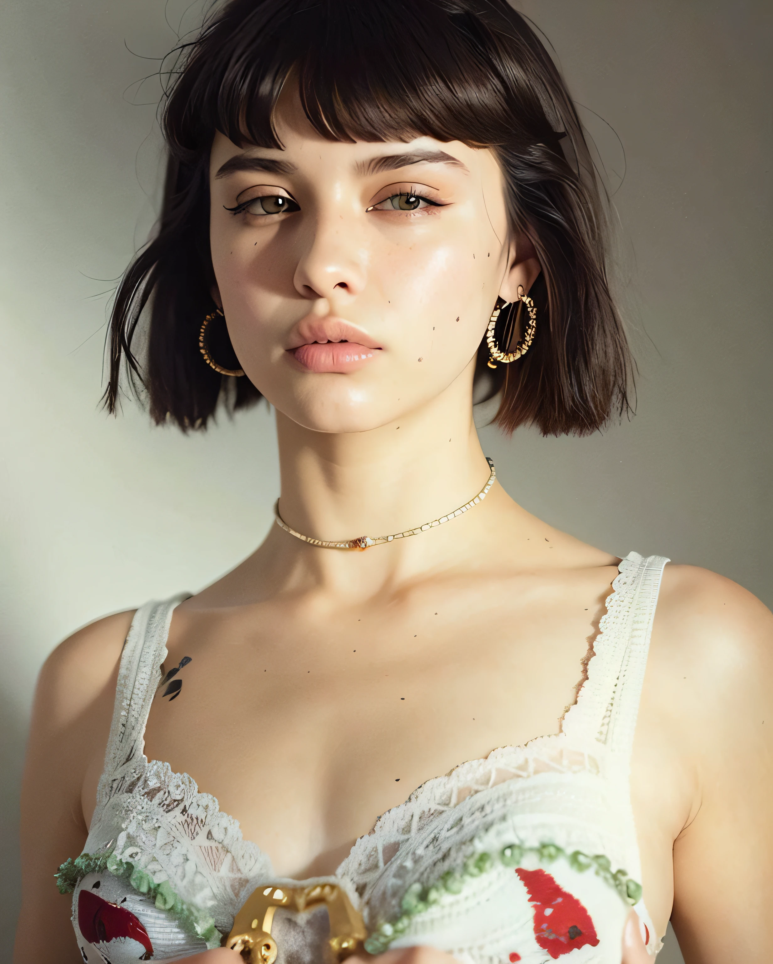 Araffe woman with a teddy bear in her hand, com cabelo curto com franja, Ela parece uma mistura de Grimes, french bob, French white hairstyle Bob, franja branca, french bob hair, com olhos verdes, French white bob, parece uma mistura de grimes, lily frank, Retrato Sophie Mudd, parece uma mistura de grimes
