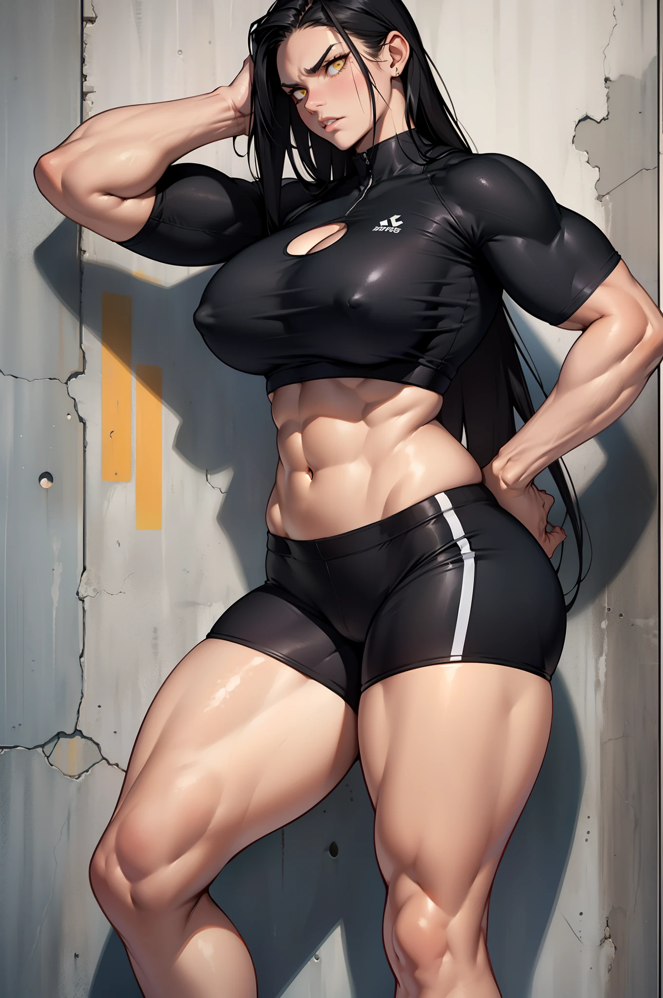 solo, 1 girl, (crop top and bike shorts), very long hair, black hair, angry, yellow eyes, (((muscular))), ((huge tits)), (thick thighs)), ((wide hips)), pale skin, against wall, concrete