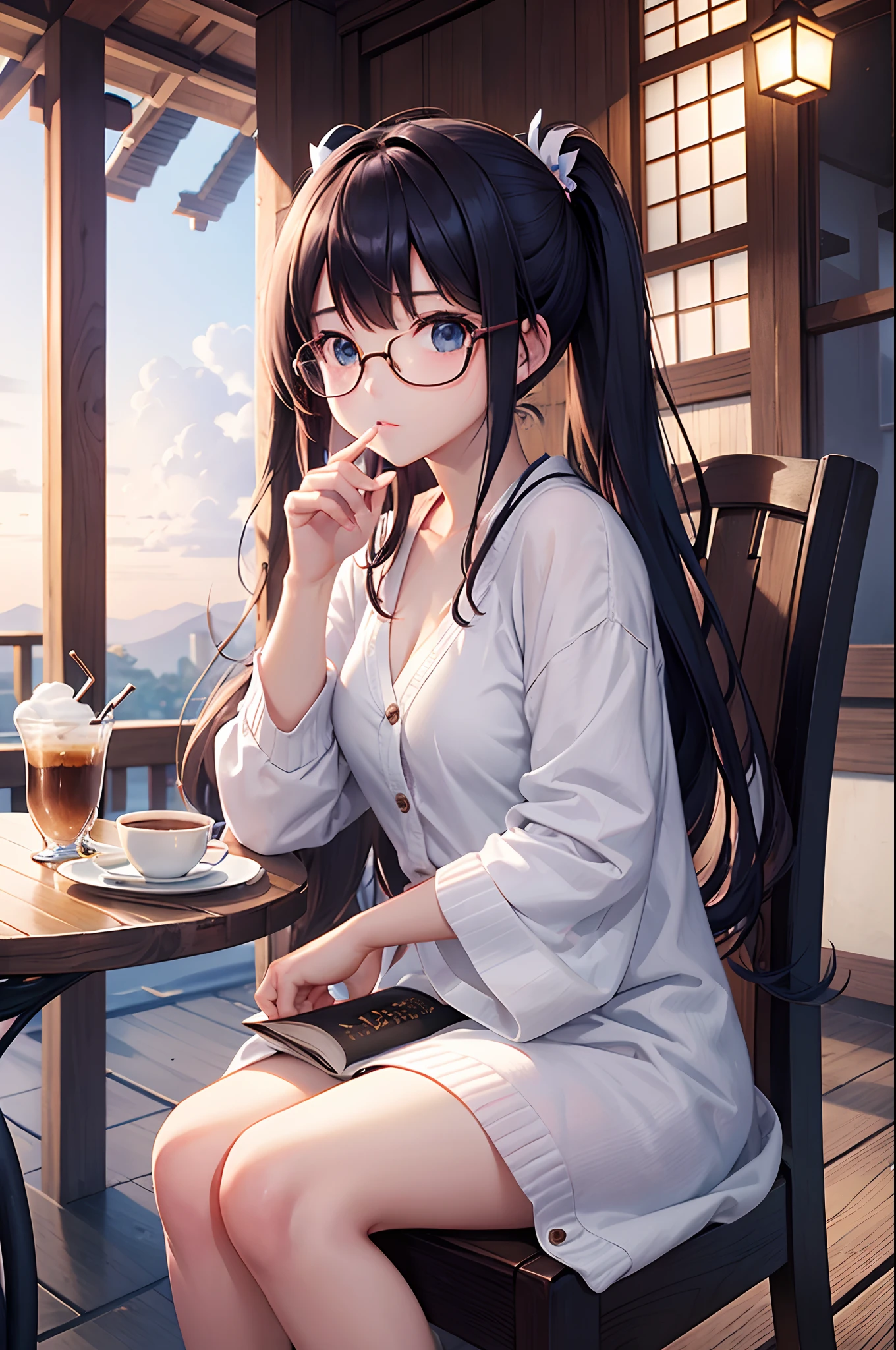 （top-quality）、Girl drinking coffee on café terrace in early morning、poneyTail、eye glass、Holding the coffee cup with both hands、Relax and sit in a chair、Angle from diagonally forward、Remote location、There is a cake and a half-read book on the table、（White cardigan）、nature environment、cute little、（Fantastical）、Japanese anime