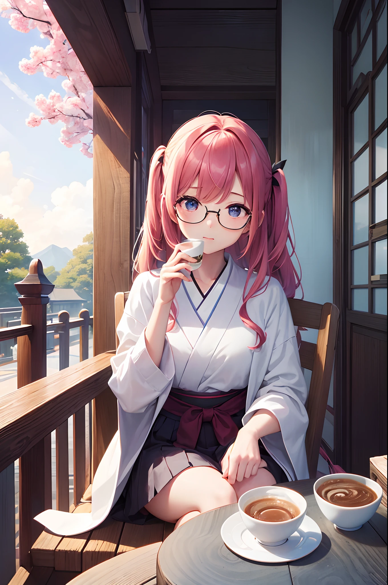 (top-quality)、Girl drinking coffee on café terrace in early morning、poneyTail、eye glass、Holding the coffee cup with both hands、Relax and sit in a chair、Angle from diagonally forward、Remote location、There is a cake and a half-read book on the table、(White cardigan)、nature environment、cute little、(Fantastical)、Japanese anime