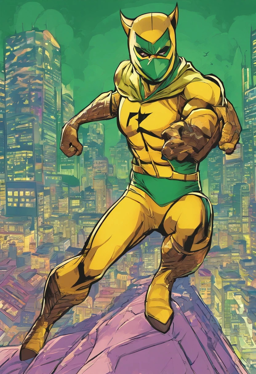 Man in feline-inspired superhero outfit , com as cores verde e amarela, wearing a feline mask,Super afiado 4K afiado