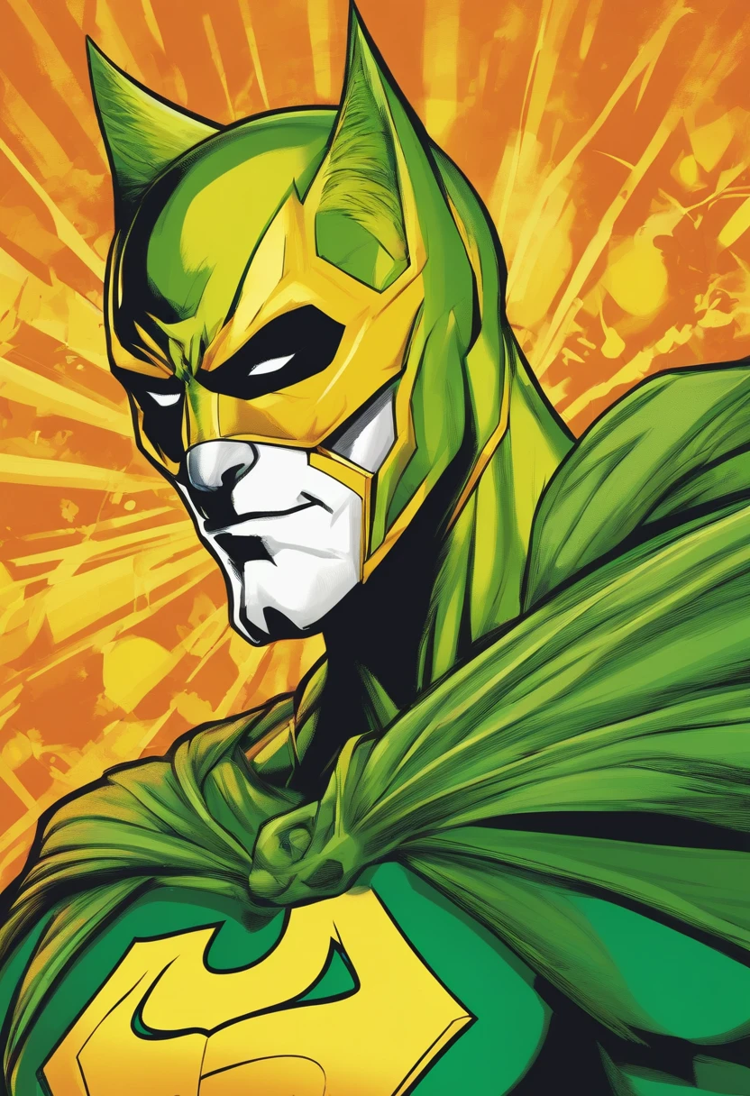 Man in feline-inspired superhero outfit , com as cores verde e amarela, wearing a feline mask,Super afiado 4K afiado