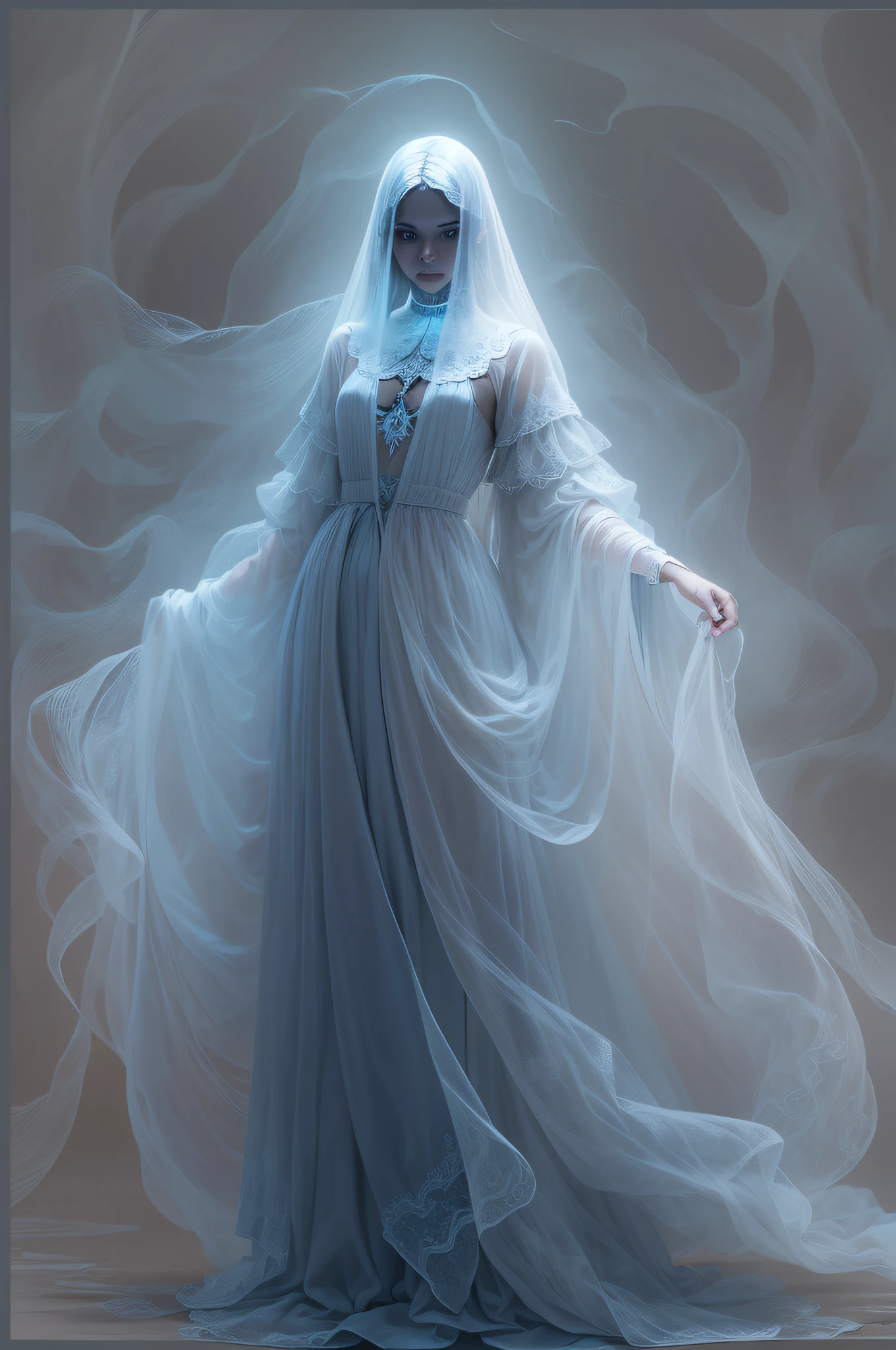 A beautiful female ghost translucent and bluish white, standing, turned slightly right on a black background