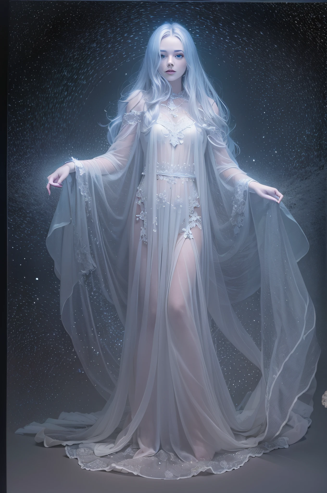A beautiful female ghost translucent and bluish white, standing, turned slightly right on a black background
