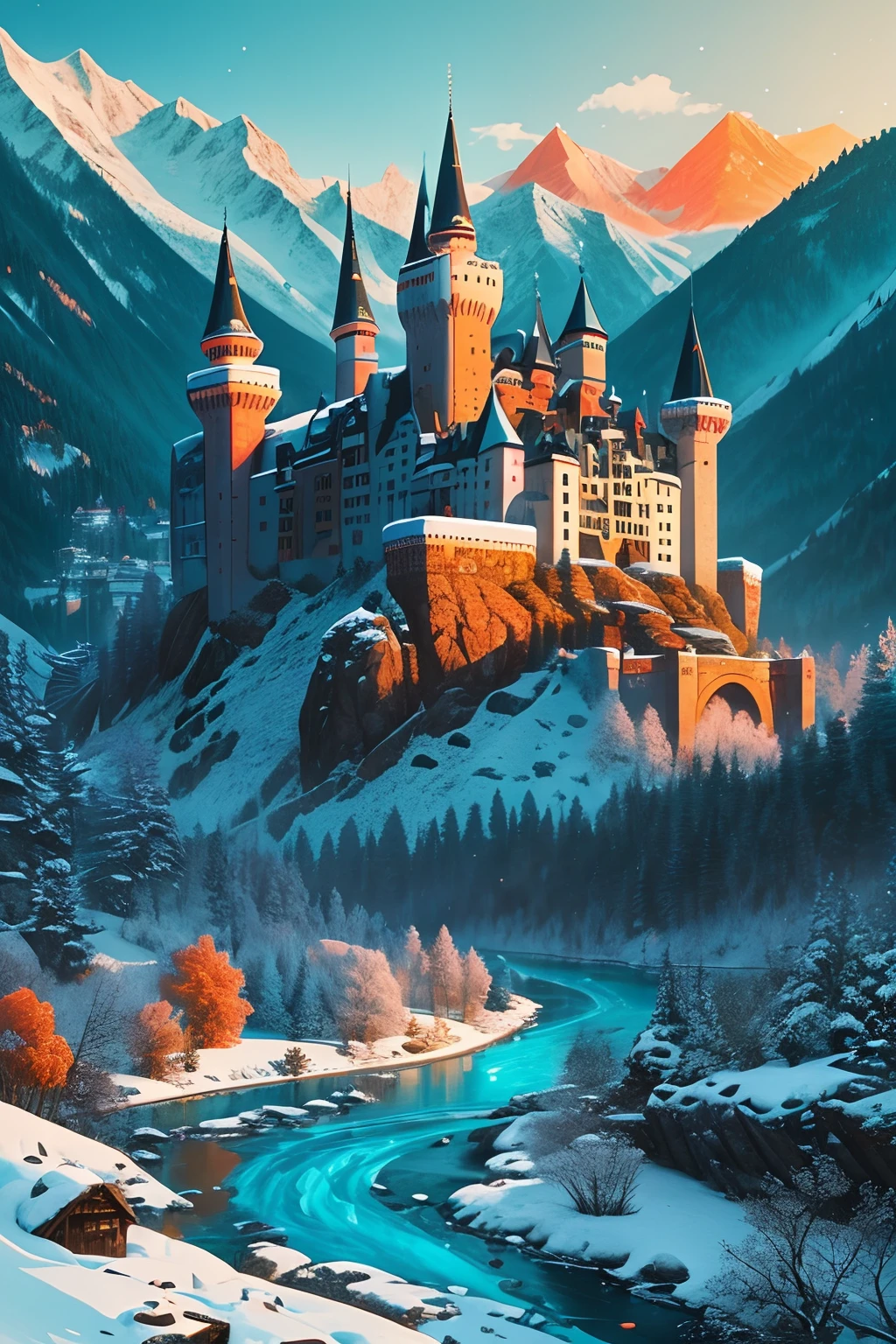 A scenic view of a river flowing through mountains at dawn, snowy peaks with a medieval castle on top, high quality fantasy in turquoise and orange in the style of Wassily Kandinsky, Victo Ngai and Tristan Eaton, beautiful, award winning, vibrant colours, fantastic view, fantasy