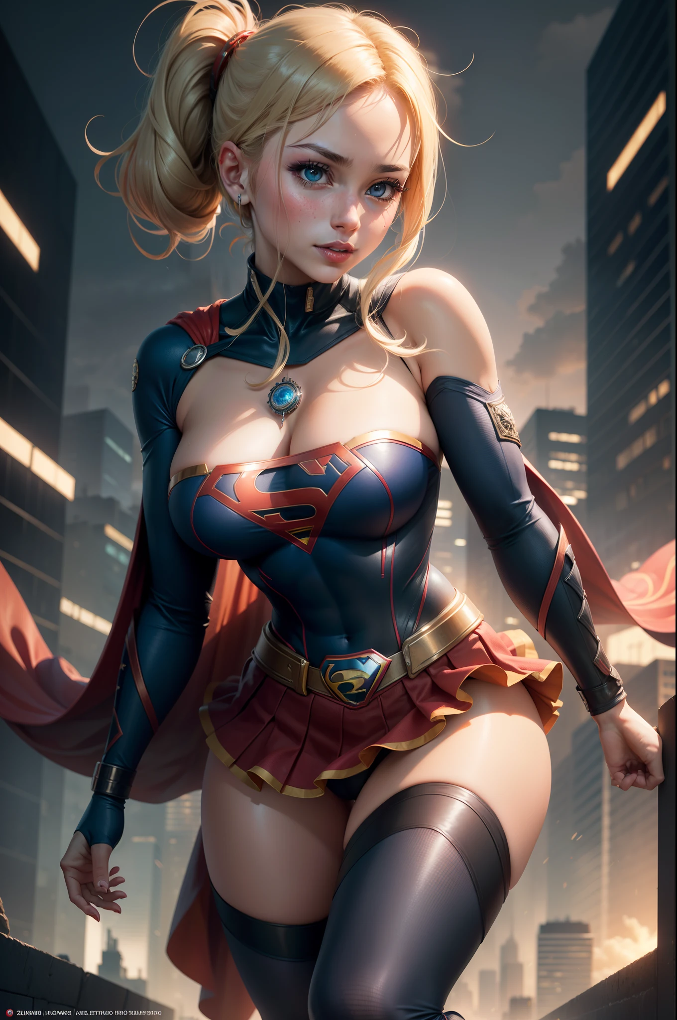 official art, unity 8k wallpaper, ultra detailed, beautiful and aesthetic, beautiful, masterpiece, best quality, (zentangle, mandala, tangle, entangle), 1girl, (supergirl), blonde ponytail, blue eyes, petite, red cape, red skirt, red boots, blue top, large breasts, exposed collarbone, exposed neck, exposed waist, flying above cityscape, sweatdrop, looking away, CyberPunk, add_detail, Supergirl, thunderstorm, epic scene,Detalles complejos, hyper sexualizada, hyper provocativo, Sensual, sonrisa pervertida, hyper lolita, Pezones erectos, cameltoe completo, Hiperresolución, pecas llenas, labios gruesos y jugosos, Grandes ojos, barely revealing clothes, exposed nipple, expose pubic hair