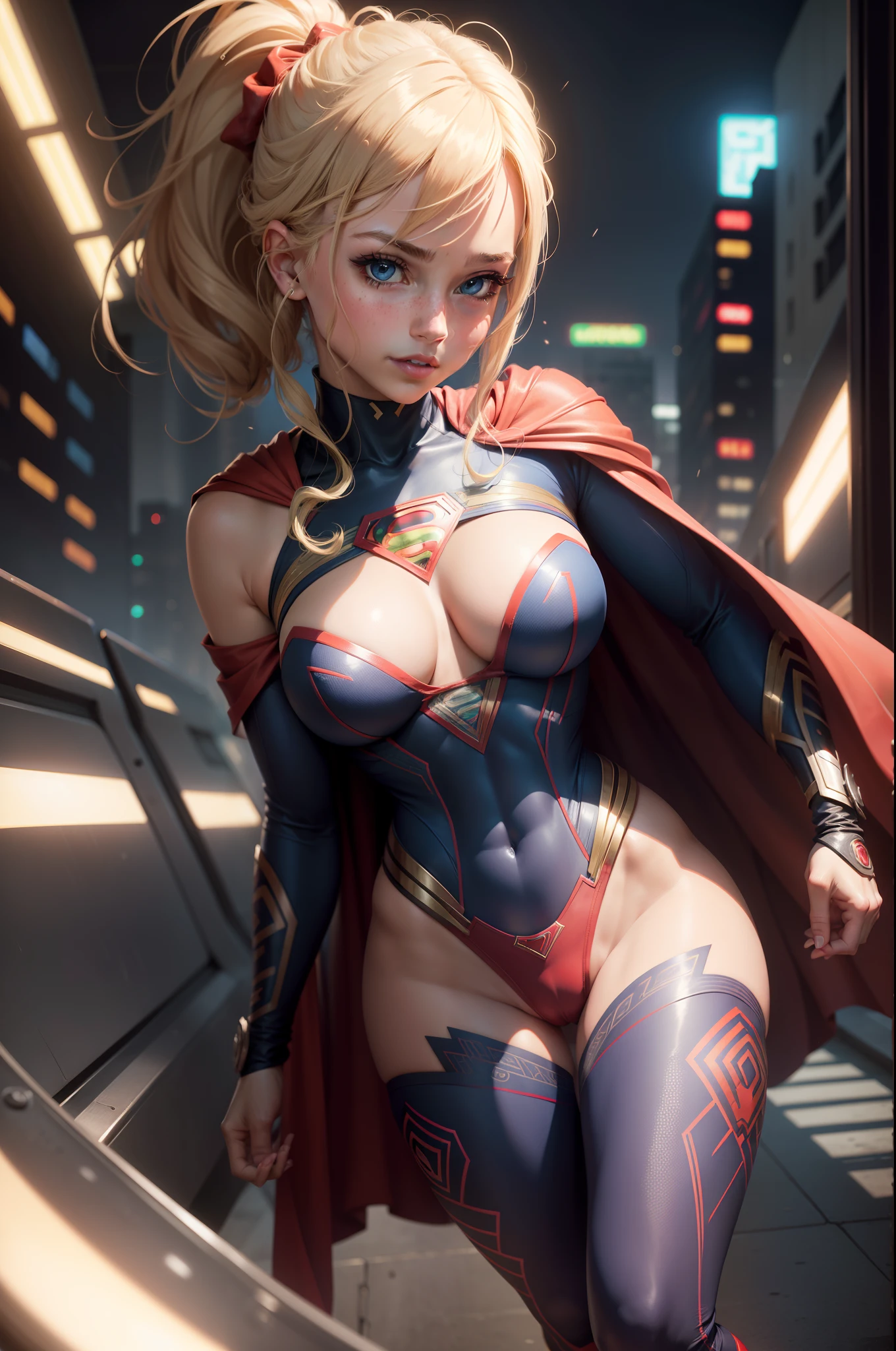 official art, unity 8k wallpaper, ultra detailed, beautiful and aesthetic, beautiful, masterpiece, best quality, (zentangle, mandala, tangle, entangle), 1girl, (supergirl), blonde ponytail, blue eyes, petite, red cape, red skirt, red boots, blue top, large breasts, exposed collarbone, exposed neck, exposed waist, flying above cityscape, sweatdrop, looking away, CyberPunk, add_detail, Supergirl, thunderstorm, epic scene,Detalles complejos, hyper sexualizada, hyper provocativo, Sensual, sonrisa pervertida, hyper lolita, Pezones erectos, cameltoe completo, Hiperresolución, pecas llenas, labios gruesos y jugosos, Grandes ojos, barely revealing clothes, exposed nipple, expose pubic hair