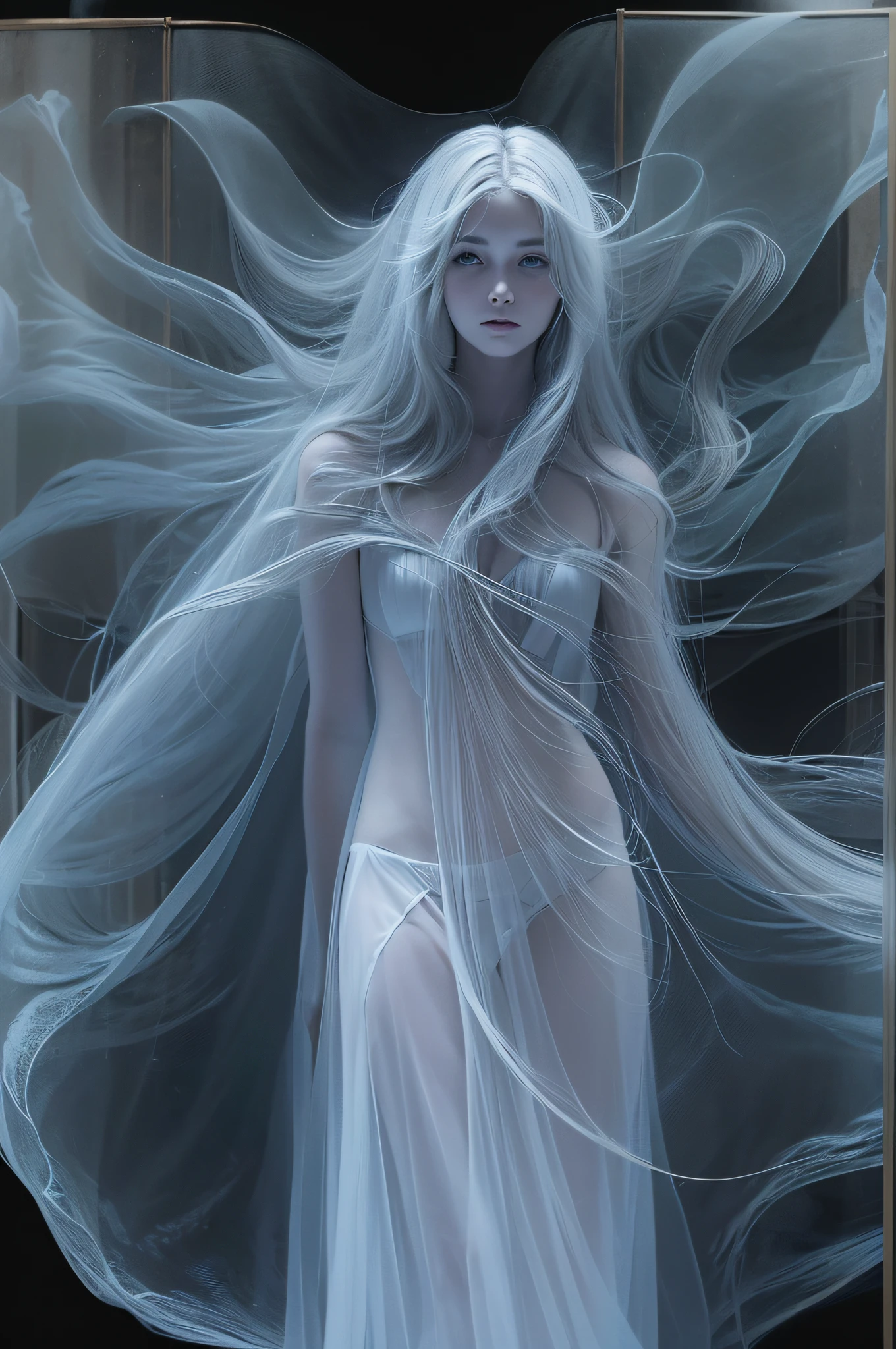 A beautiful female ghost translucent and bluish white, standing, turned slightly right on a black background
